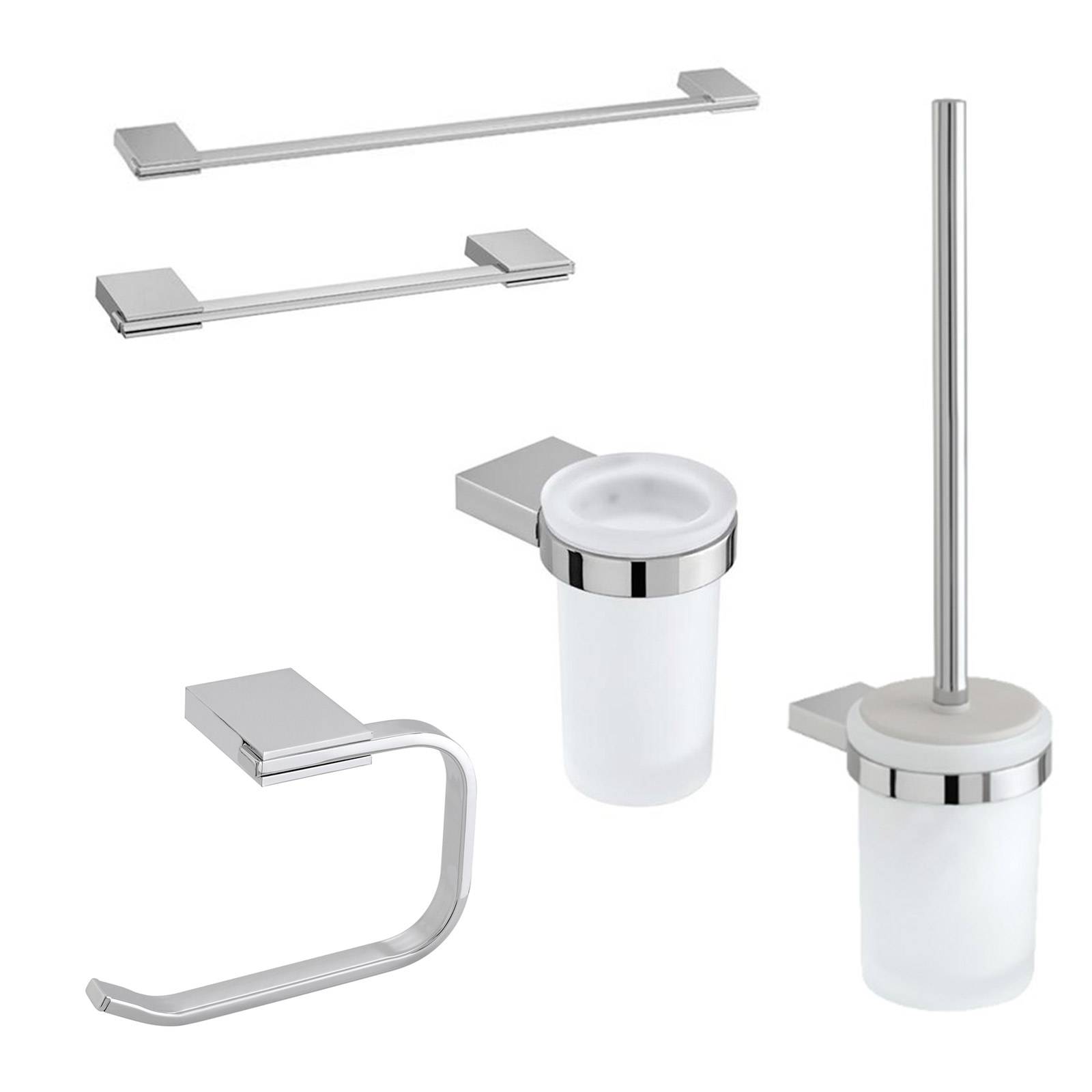 Set 5 accessori da bagno a muro in vetro e acciaio cromato - Linea