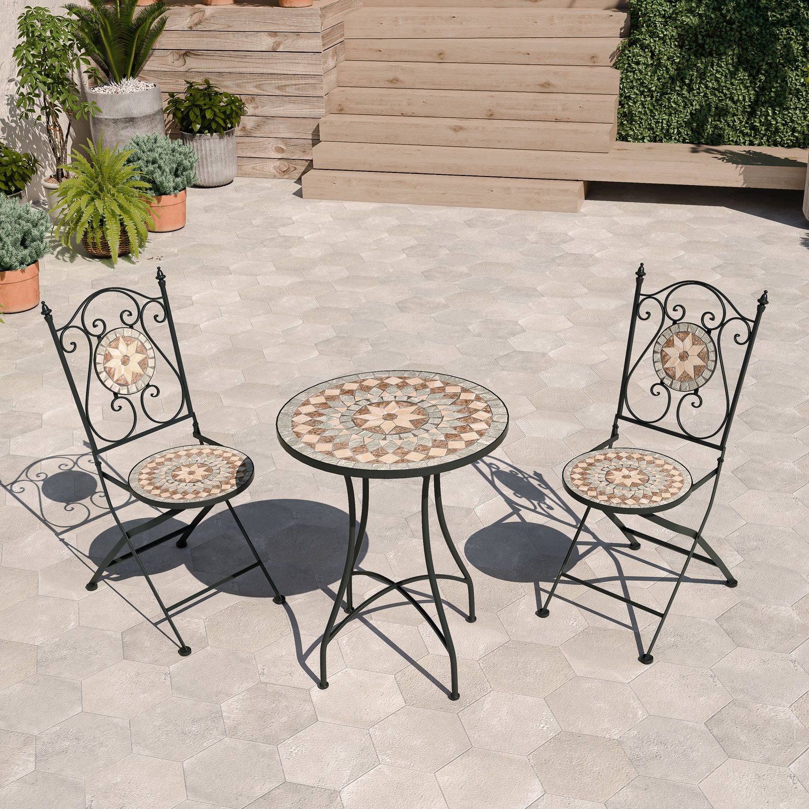 Set bistrot 2 sedie e tavolo Ø 60 cm con decorazione mosaico a