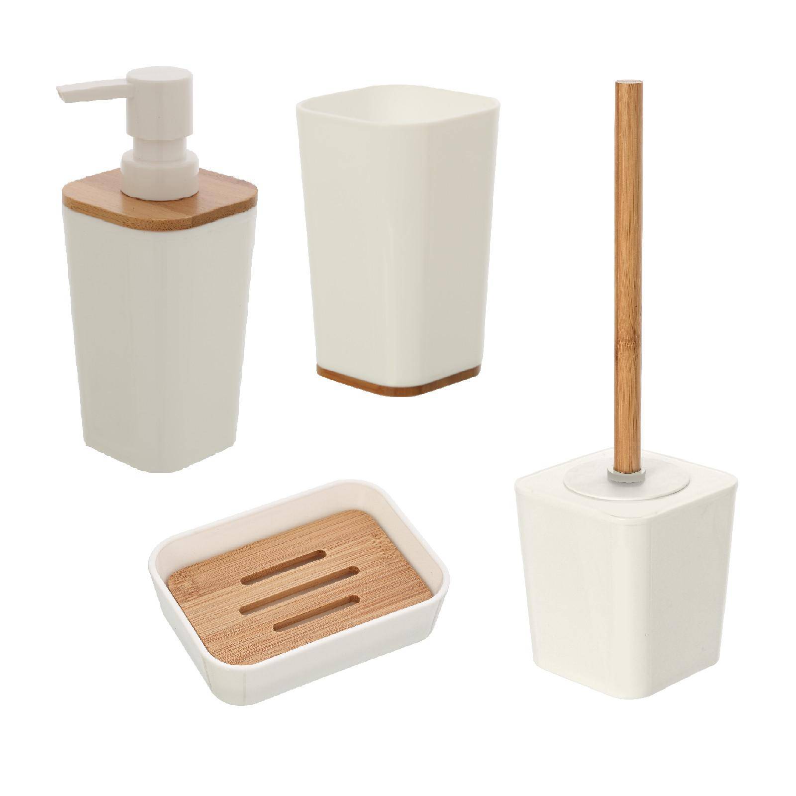 Set 4 accessori da bagno da appoggio bianco effetto legno - Linea Bamboo