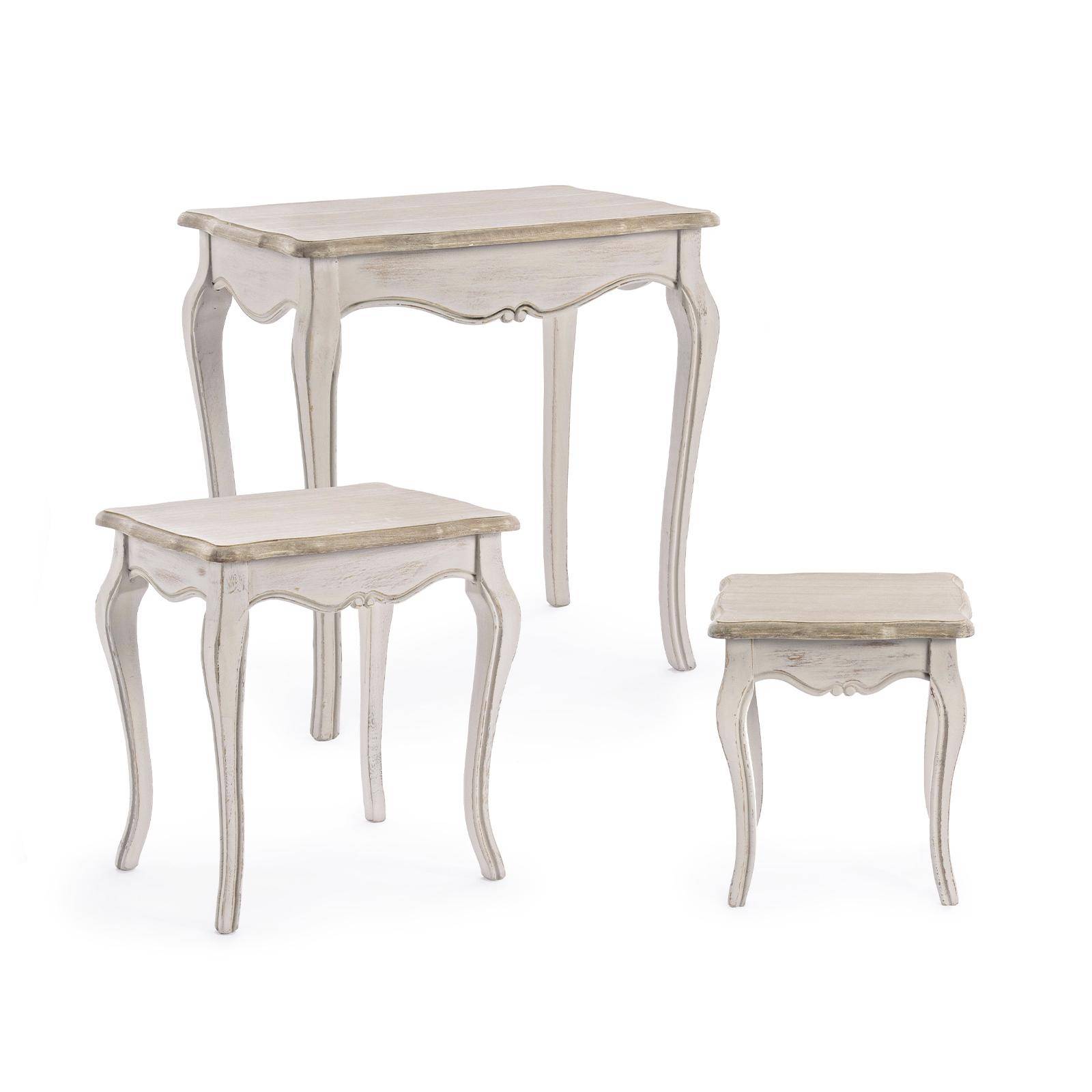 Set da 3 tavolini in legno di paulonia decapato in stile shabby