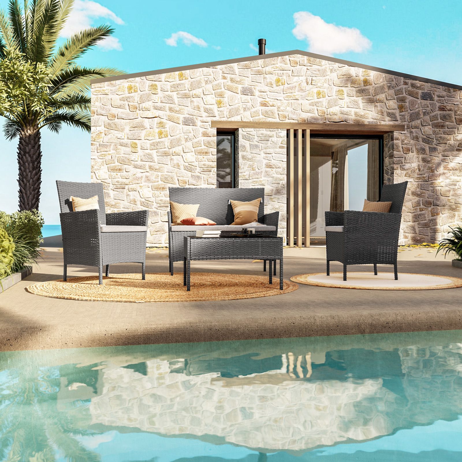 Set relax 4 posti con cuscini e tavolino in polyrattan antracite - Beba