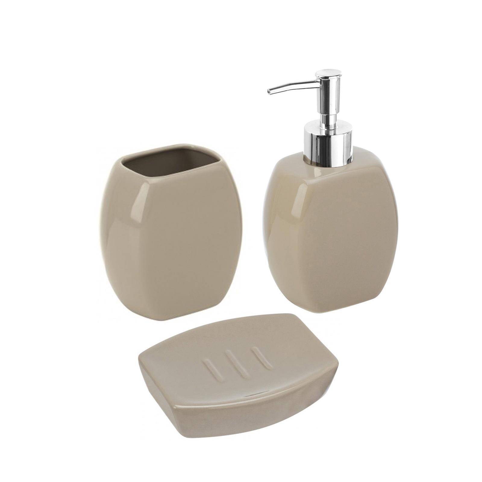 Set accessori bagno da appoggio dispenser e porta spazzolini in ceramica  tortora