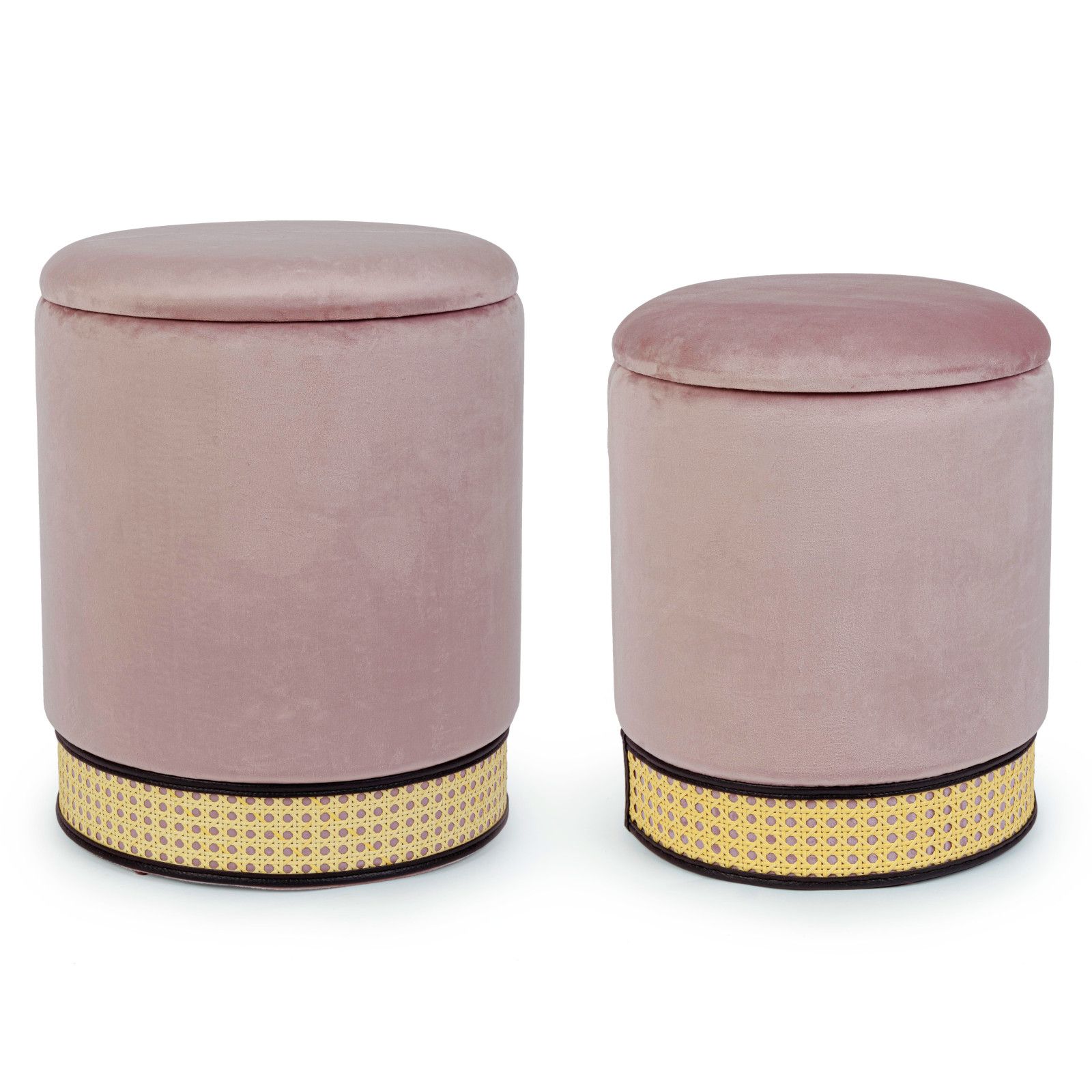 Set di 2 pouf contenitori in velluto con dettaglio in rattan rosa