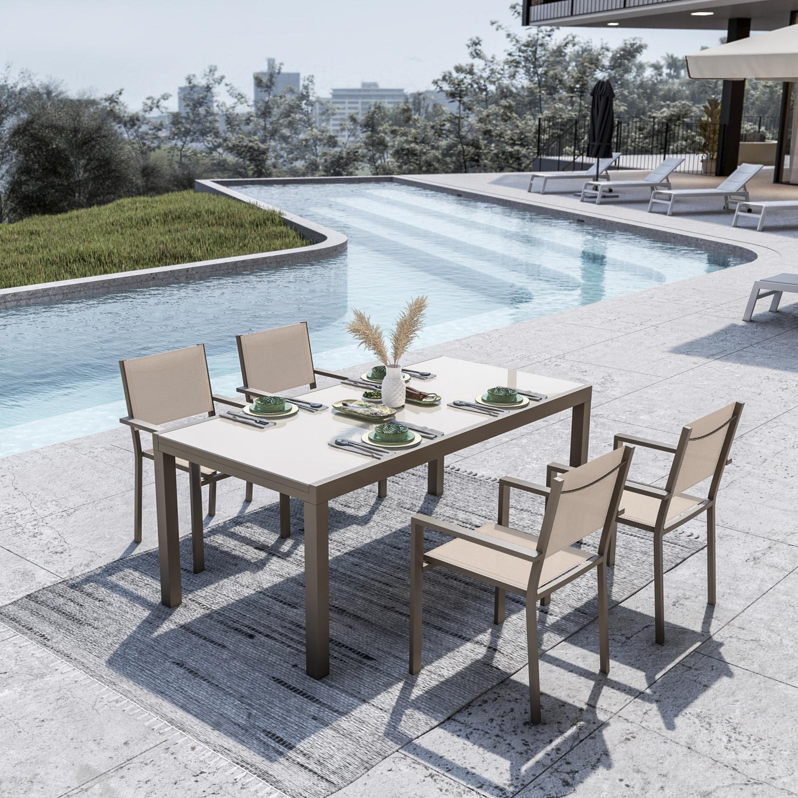 Set pranzo tavolo 180/240x90 cm e sedie con braccioli in