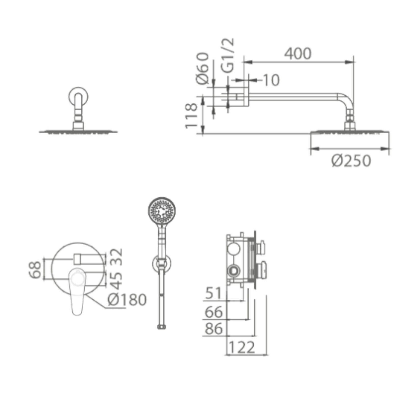 Set doccia incasso Erika con soffione doccia a muro 22x50 in acciaio inox