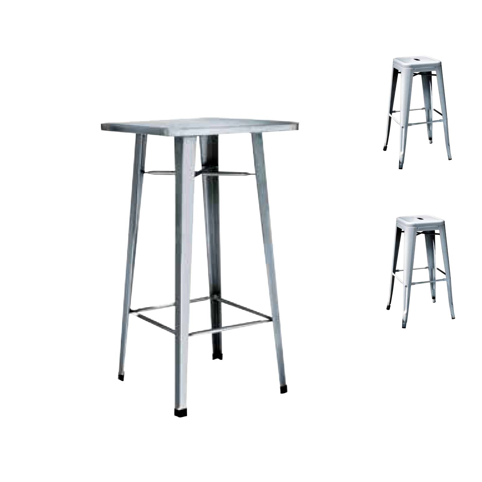 Set industrial con tavolo alto quadrato e 2 sgabelli in lamiera  galvanizzata silver