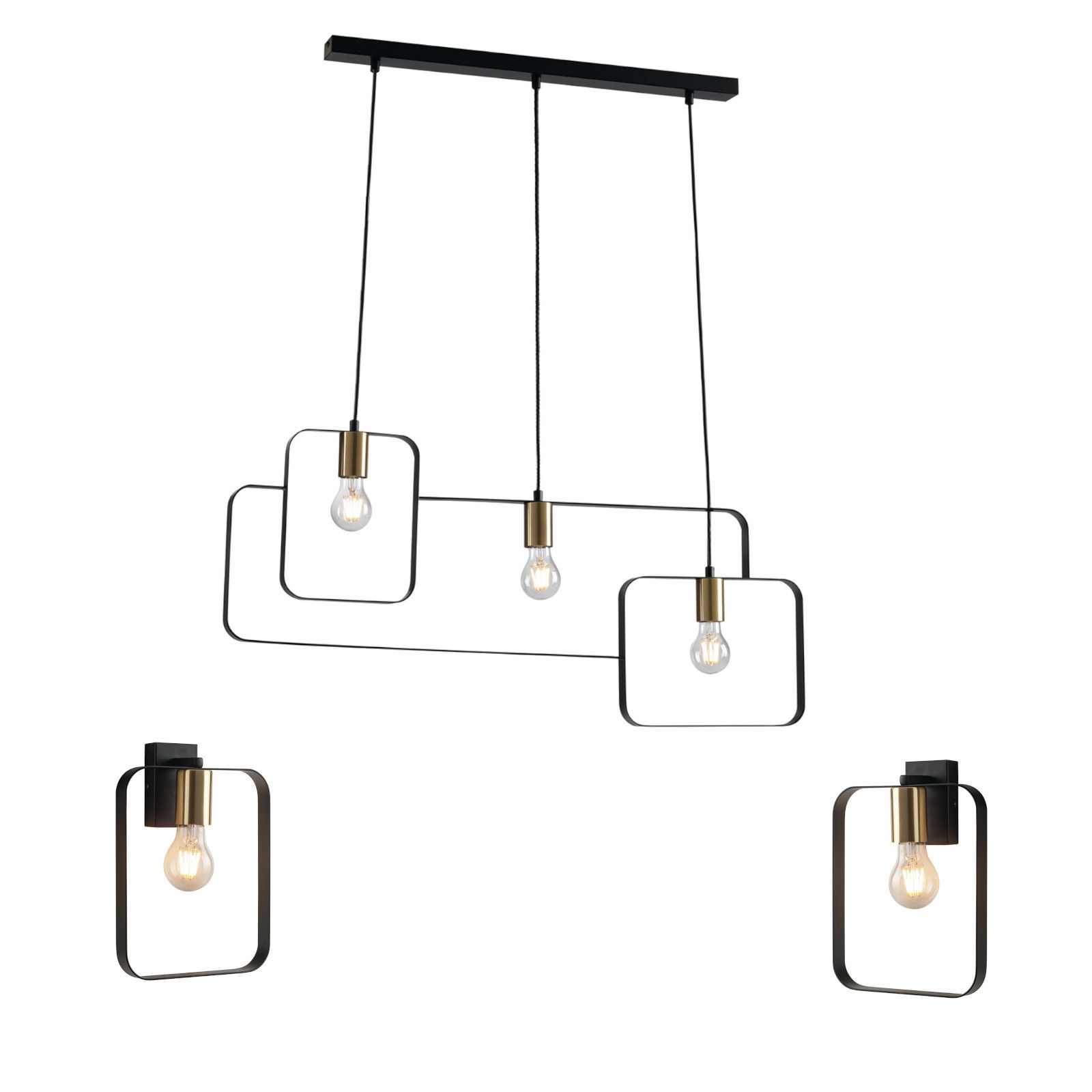 Set lampadario a sospensione + 2 applique in metallo nero e oro