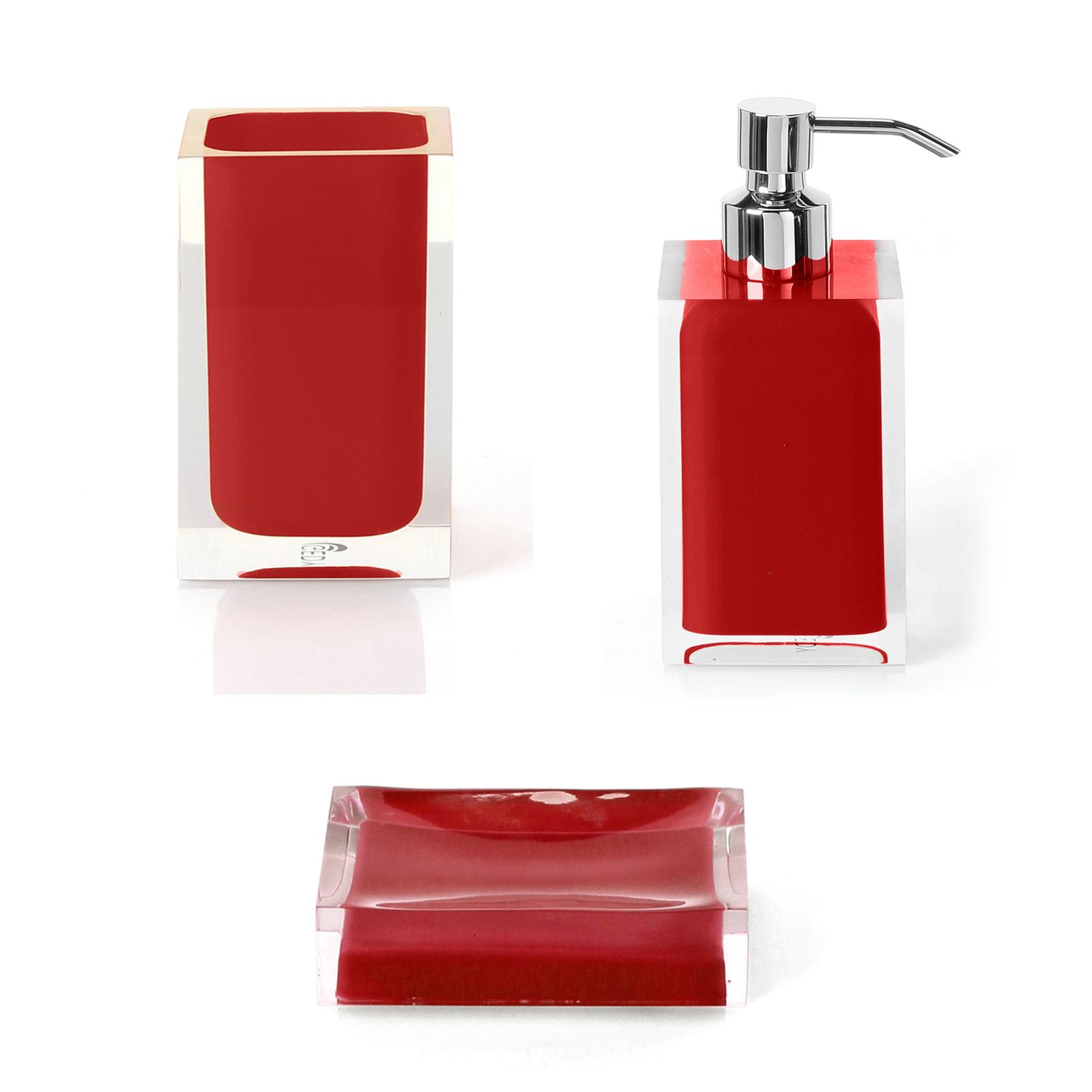 Set portaspazzolino dosasapone e portasapone rosso e trasparente - Rainbow di Gedy Set portaspazzolino dosasapone e portasapone rosso e trasparente - Rainbow di Gedy