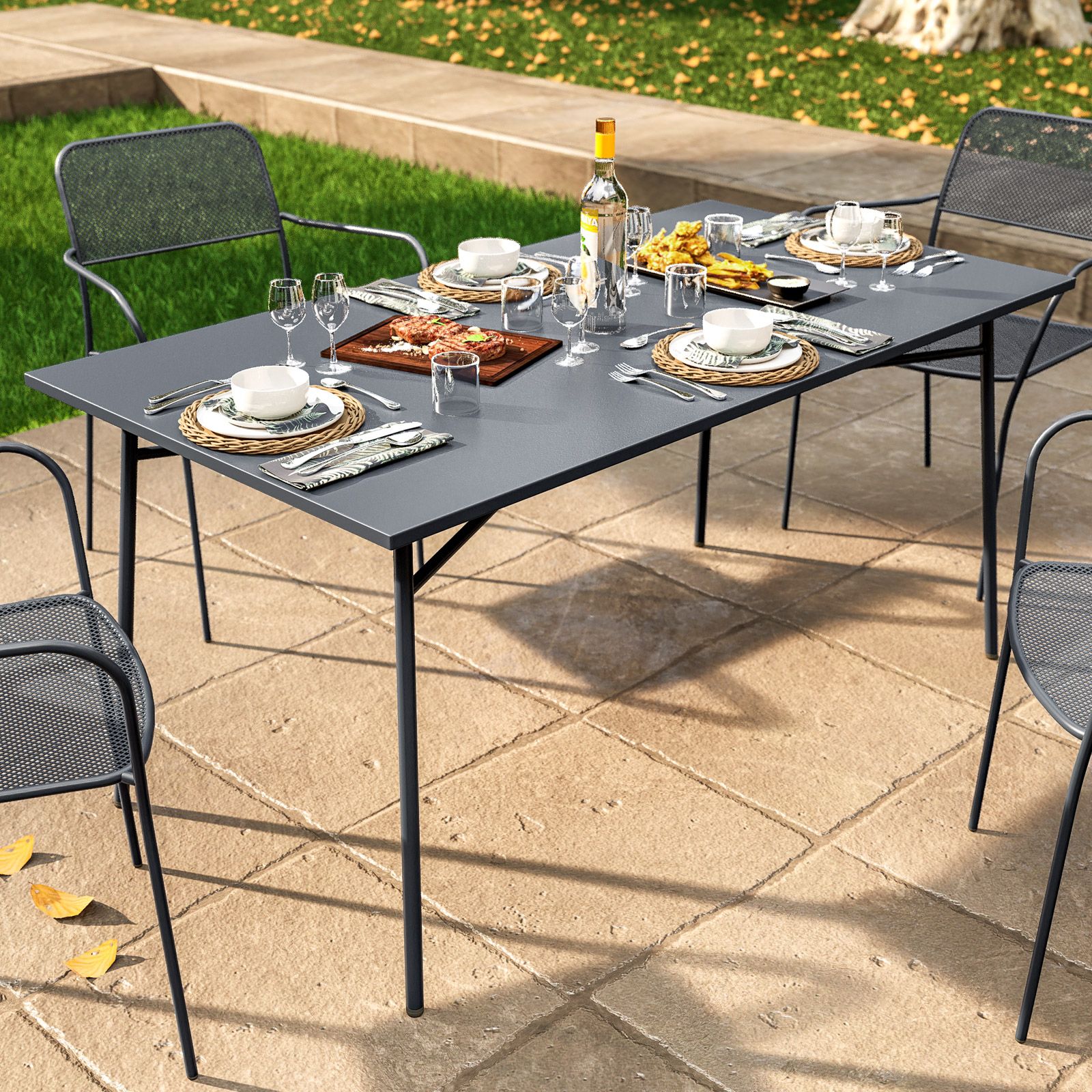 Set pranzo tavolo 150x90 cm e 4 sedie con braccioli in acciaio blu notte -  Faber