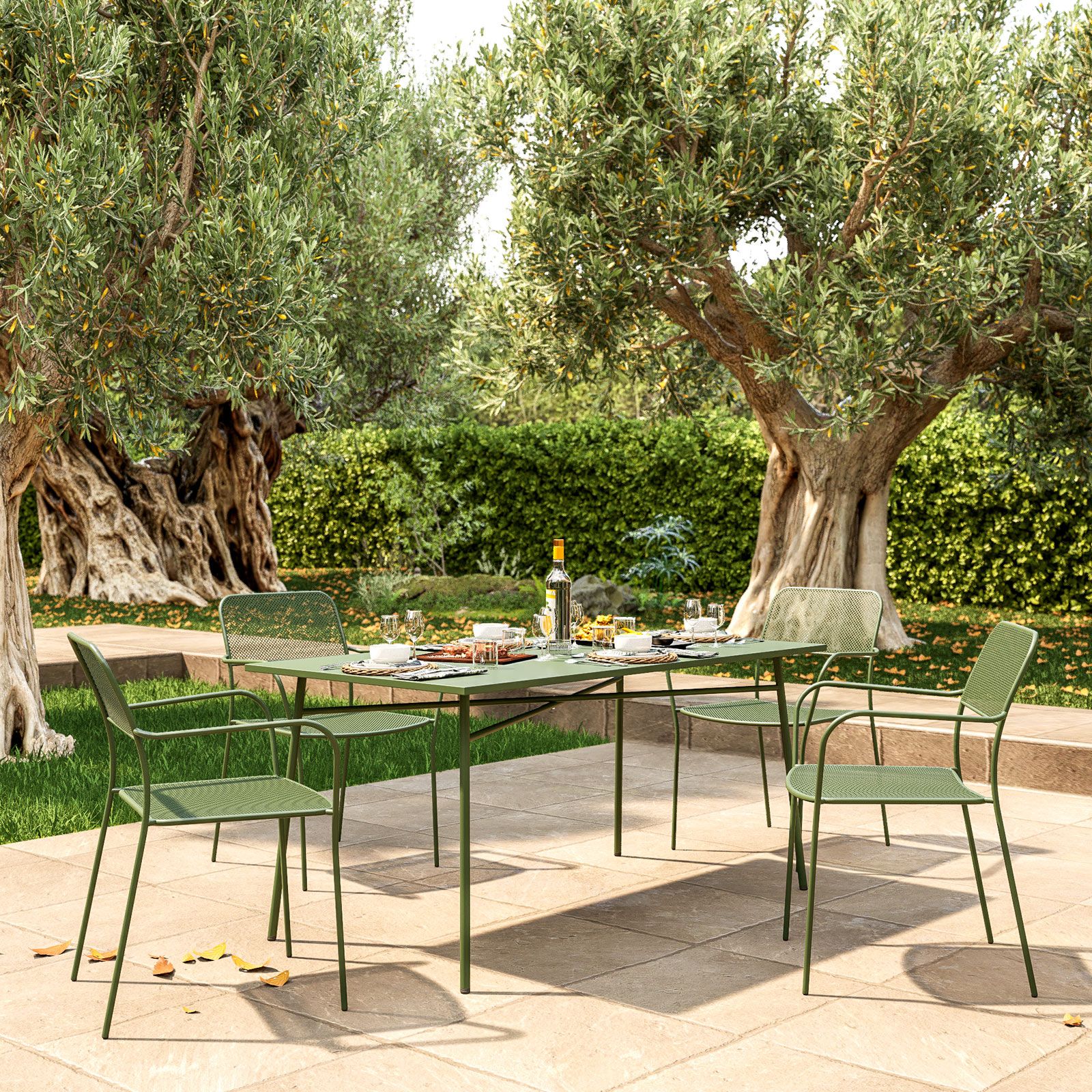 Set pranzo tavolo 70x120 cm e 4 sedie in acciaio verde bosco - Faber