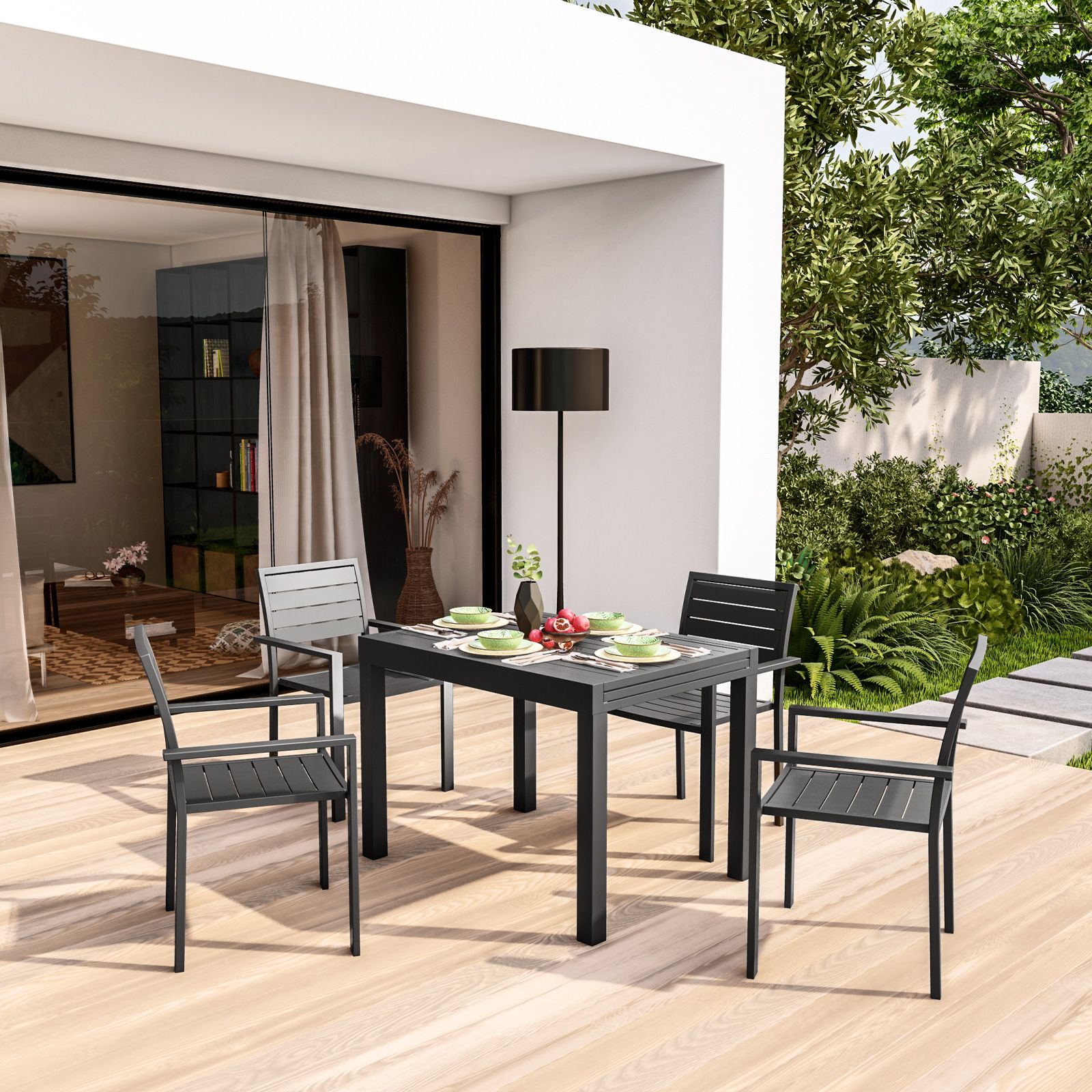 Set pranzo tavolo 180/240x100 cm e 4 sedie con braccioli a doghe in  alluminio antracite 