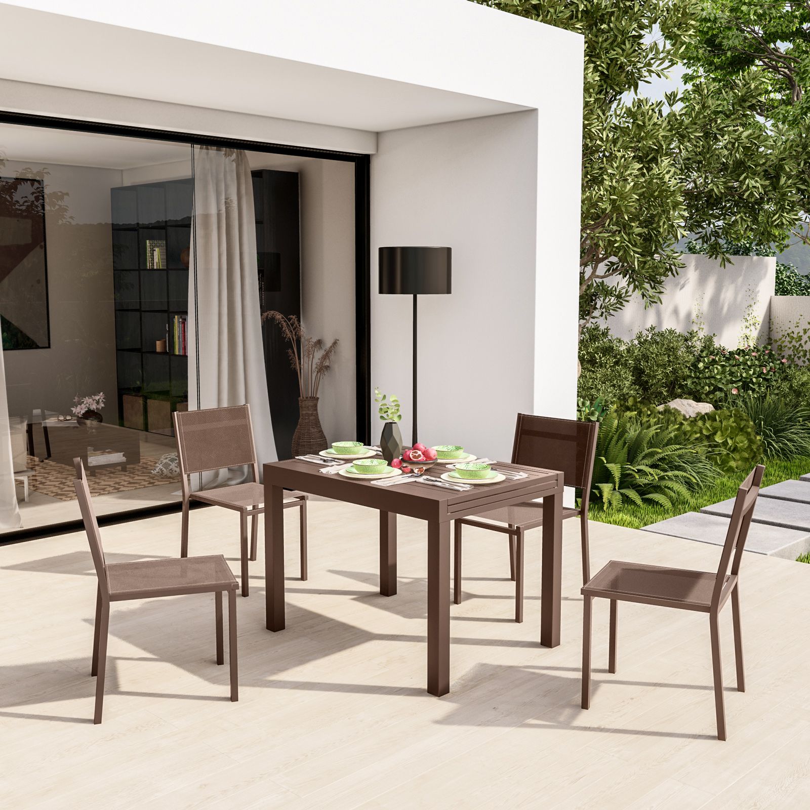 Set pranzo tavolo 140/210x77 cm e 4 sedie con braccioli in alluminio e  textilene marrone 