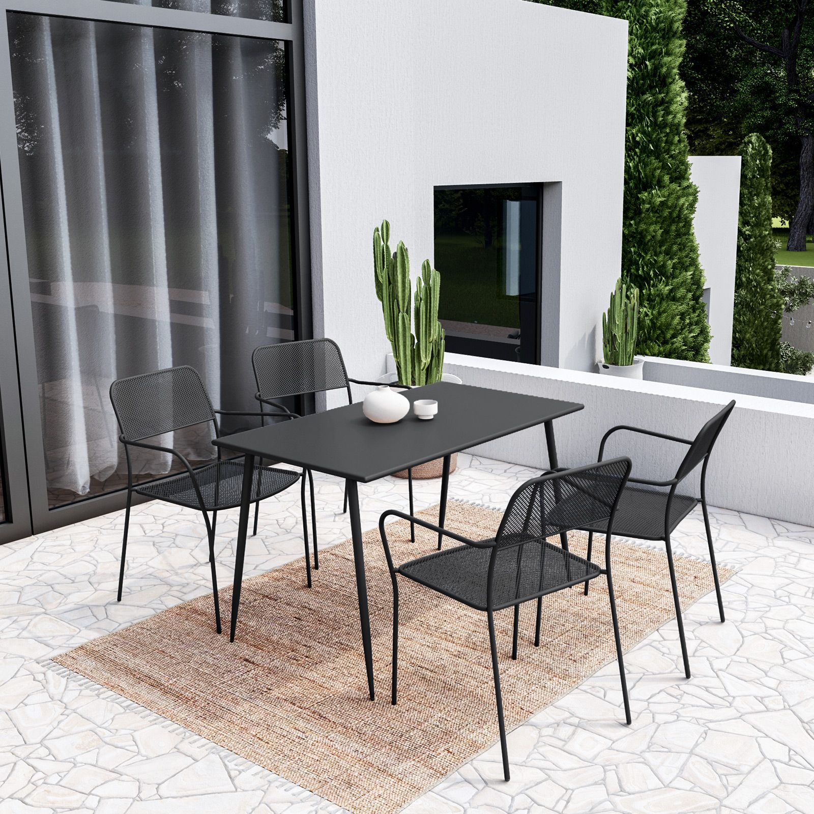 Set pranzo tavolo Ø 120-170x120 cm e 4 sedie con braccioli in