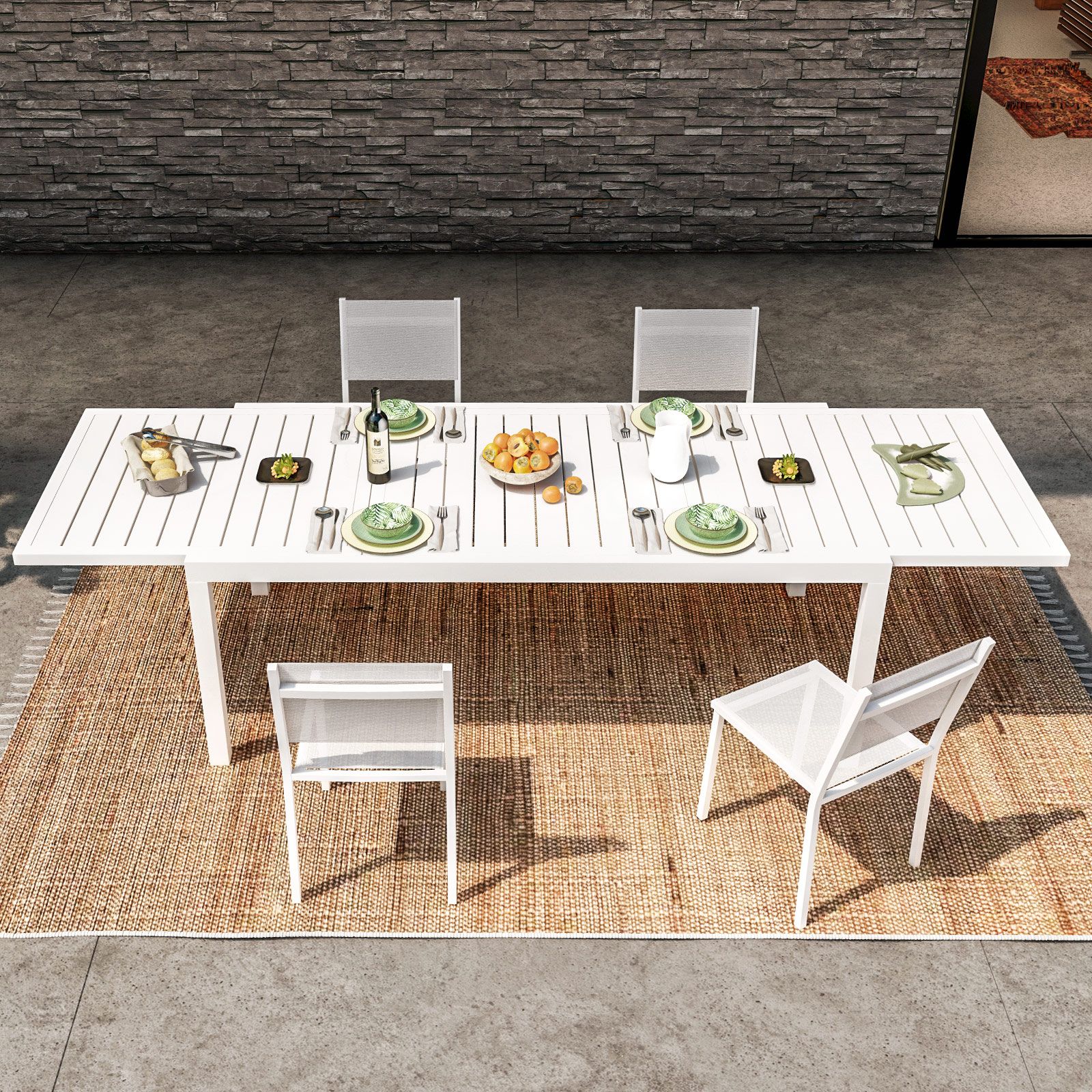 Set pranzo tavolo 200/300x100 cm e 4 sedie in alluminio e textilene bianco  - Carioca