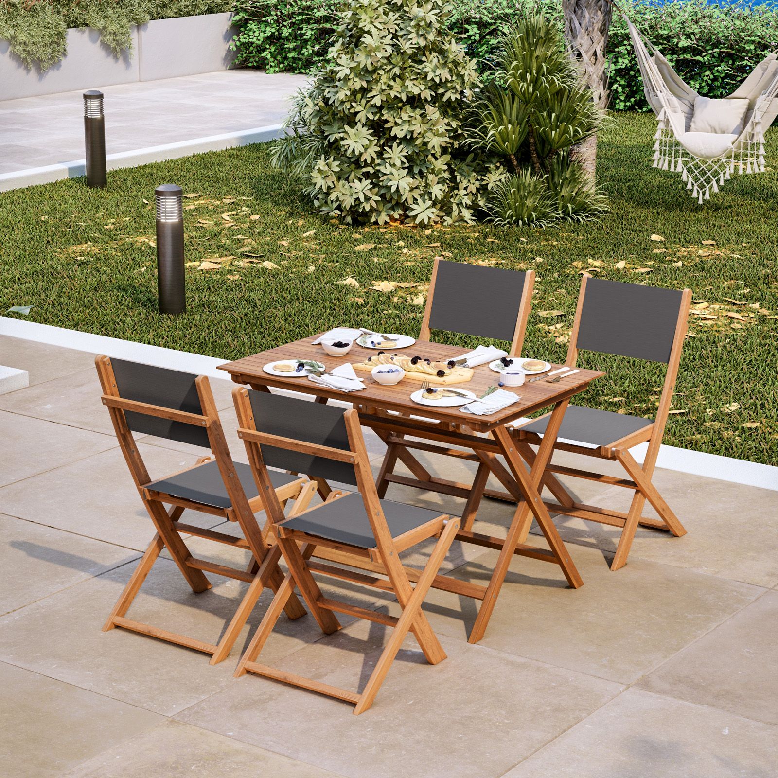 Set pranzo tavolo pieghevole 110x70 cm e quattro sedie pieghevoli in legno  di acacia e textilene grigio - Aruba