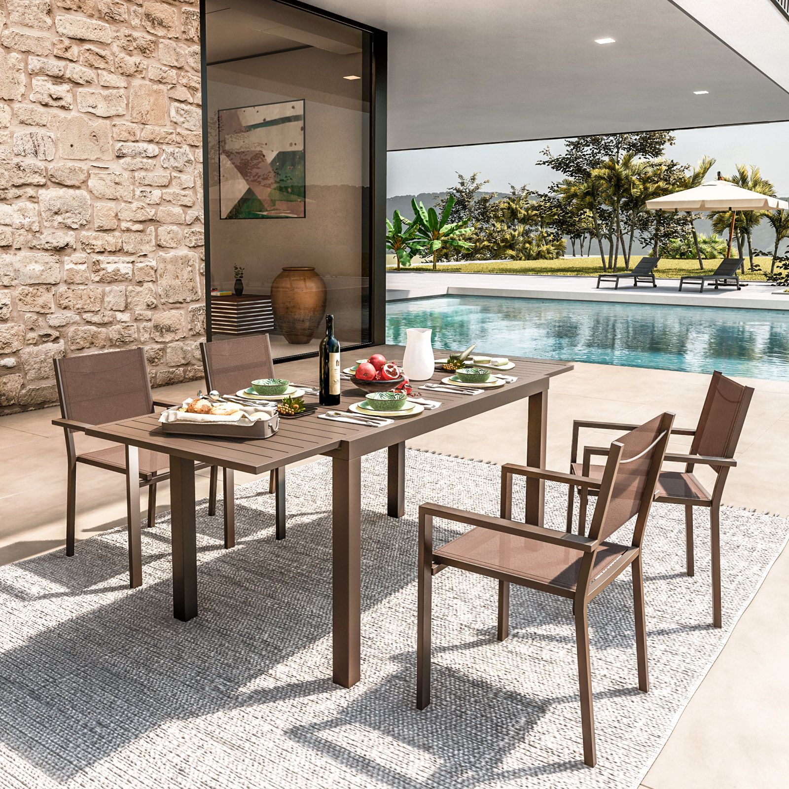 Set pranzo tavolo 140/210x77 cm e sedie con braccioli in