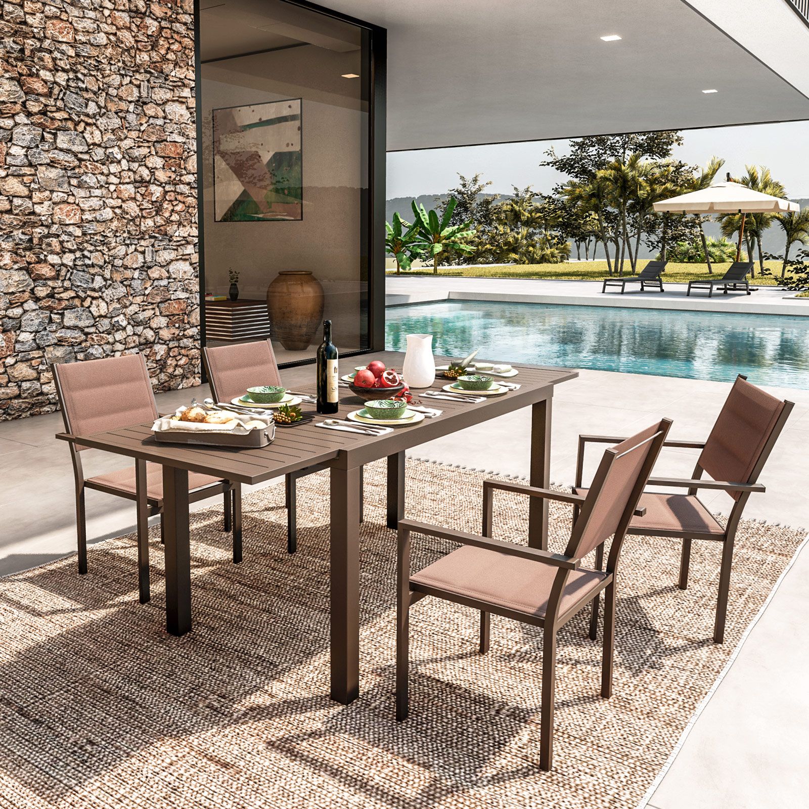 Set pranzo tavolo 140/210x77 cm e 4 sedie con braccioli in textilene  imbottito marrone - Carioca