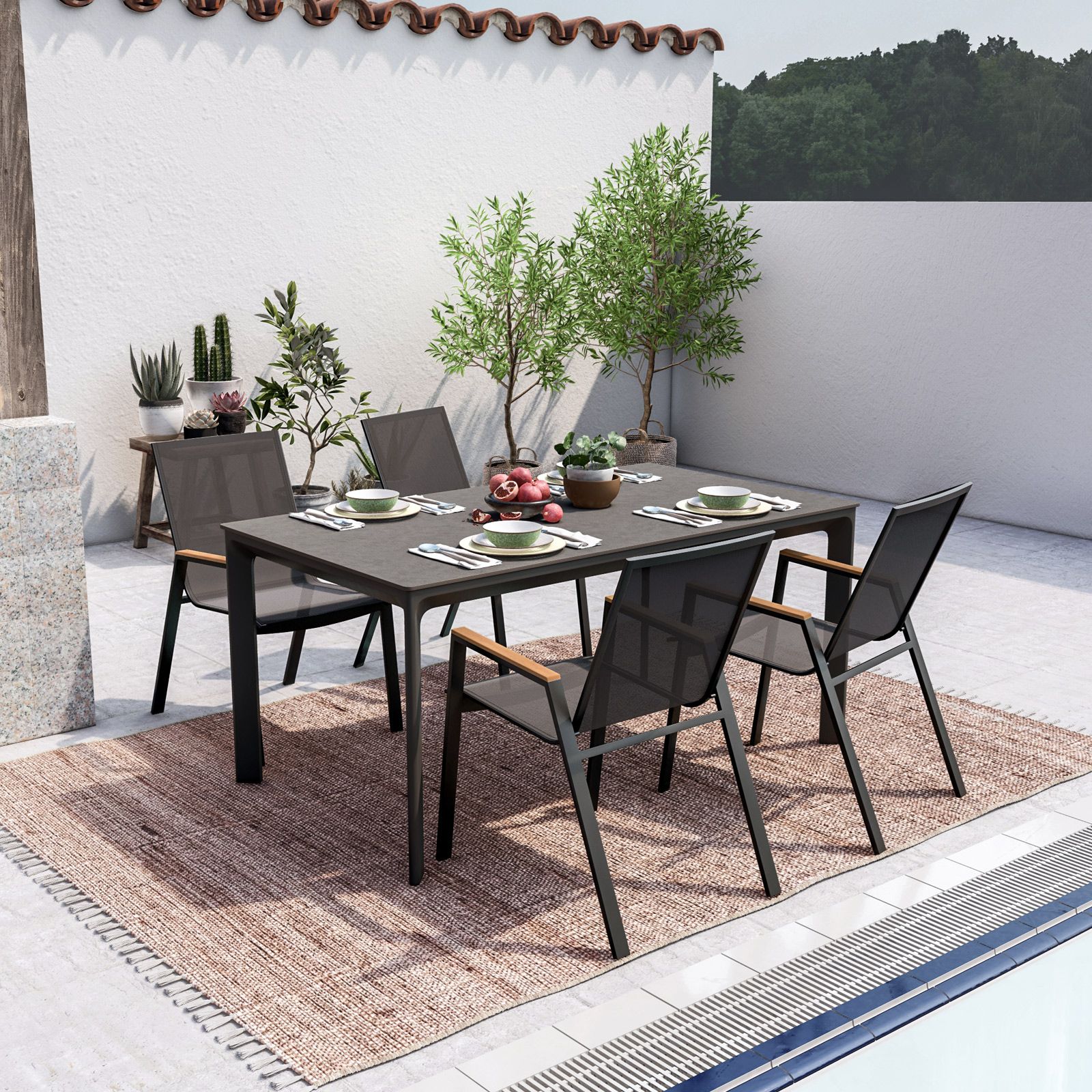 Set pranzo tavolo con top effetto marmo 160x90 cm e 4 sedie con braccioli  in legno e alluminio antracite - Miranda Plus