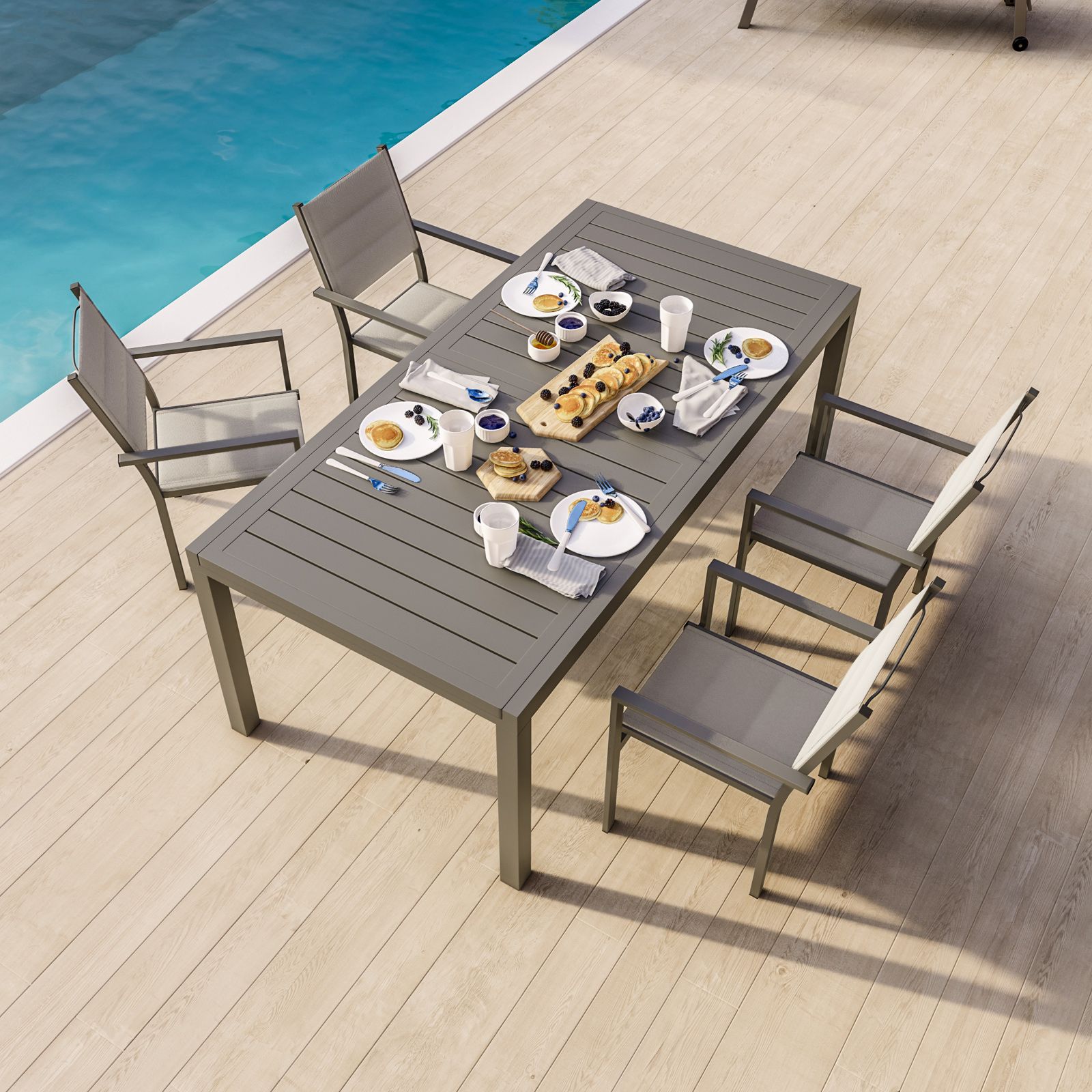 Set pranzo tavolo 200-300x100 allungabile cm con 4 poltrone imbottite in  alluminio tortora - Carioca