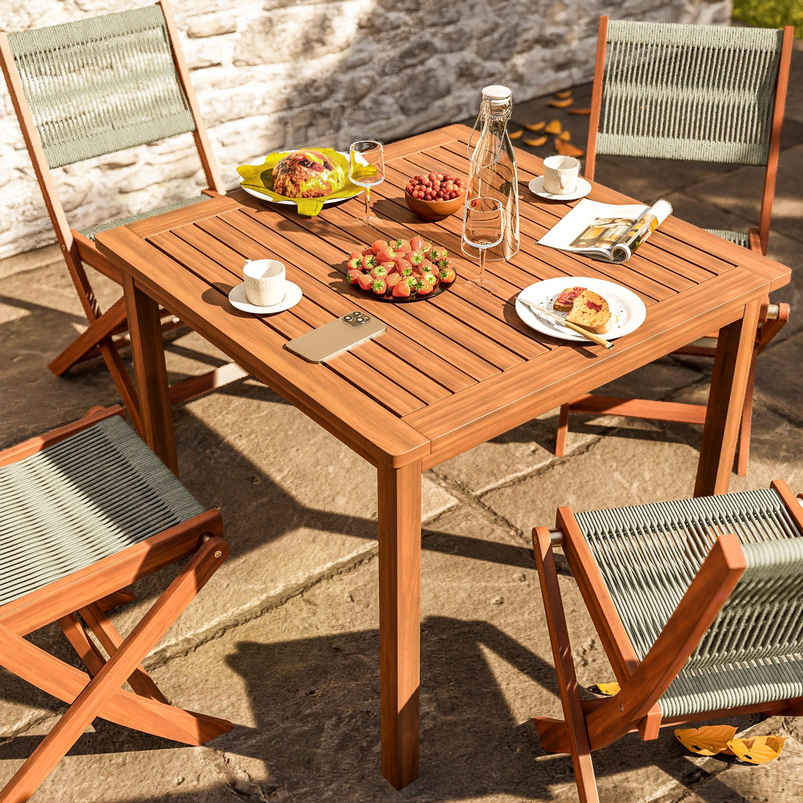 Set pranzo tavolo 80x80 cm e 4 sedie pieghevoli in legno di acacia e corda  tortora - Yadira