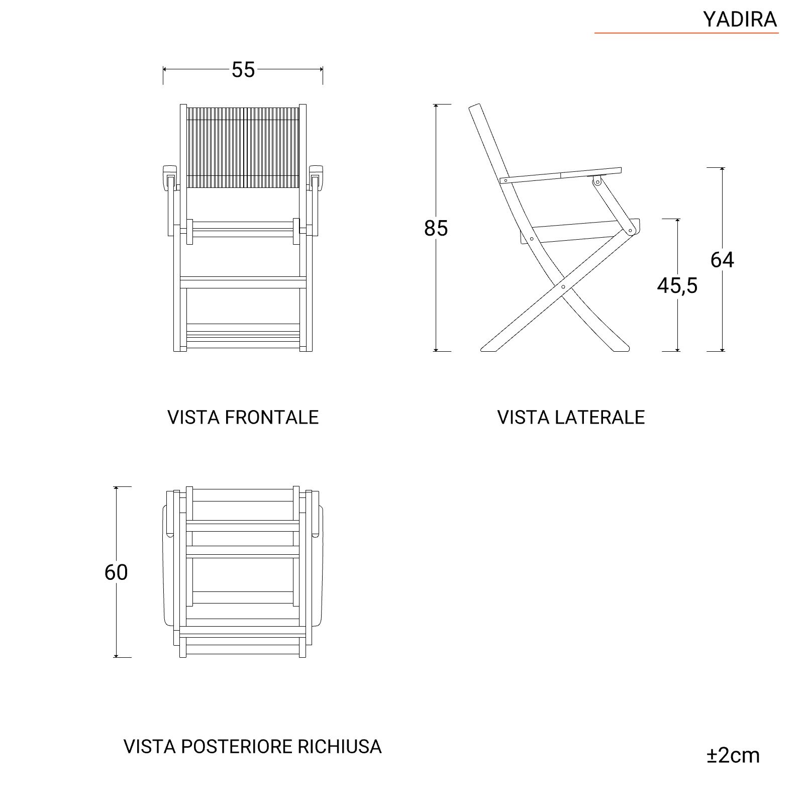 Set pranzo tavolo 90x90 cm e 4 sedie pieghevoli con braccioli in legno di  acacia e