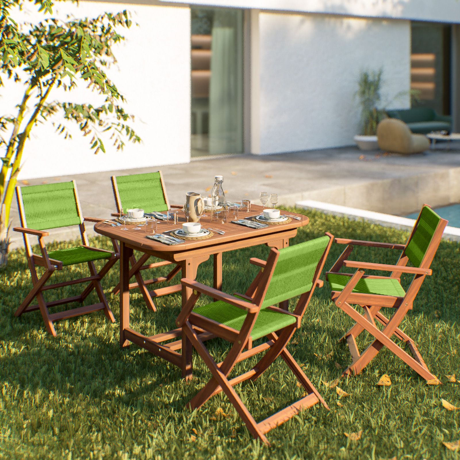 Set da pranzo da giardino tavolo in legno e ceramica verde 200x100 + 6 sedie  legno e tessuto beige - Java Light - Kerama