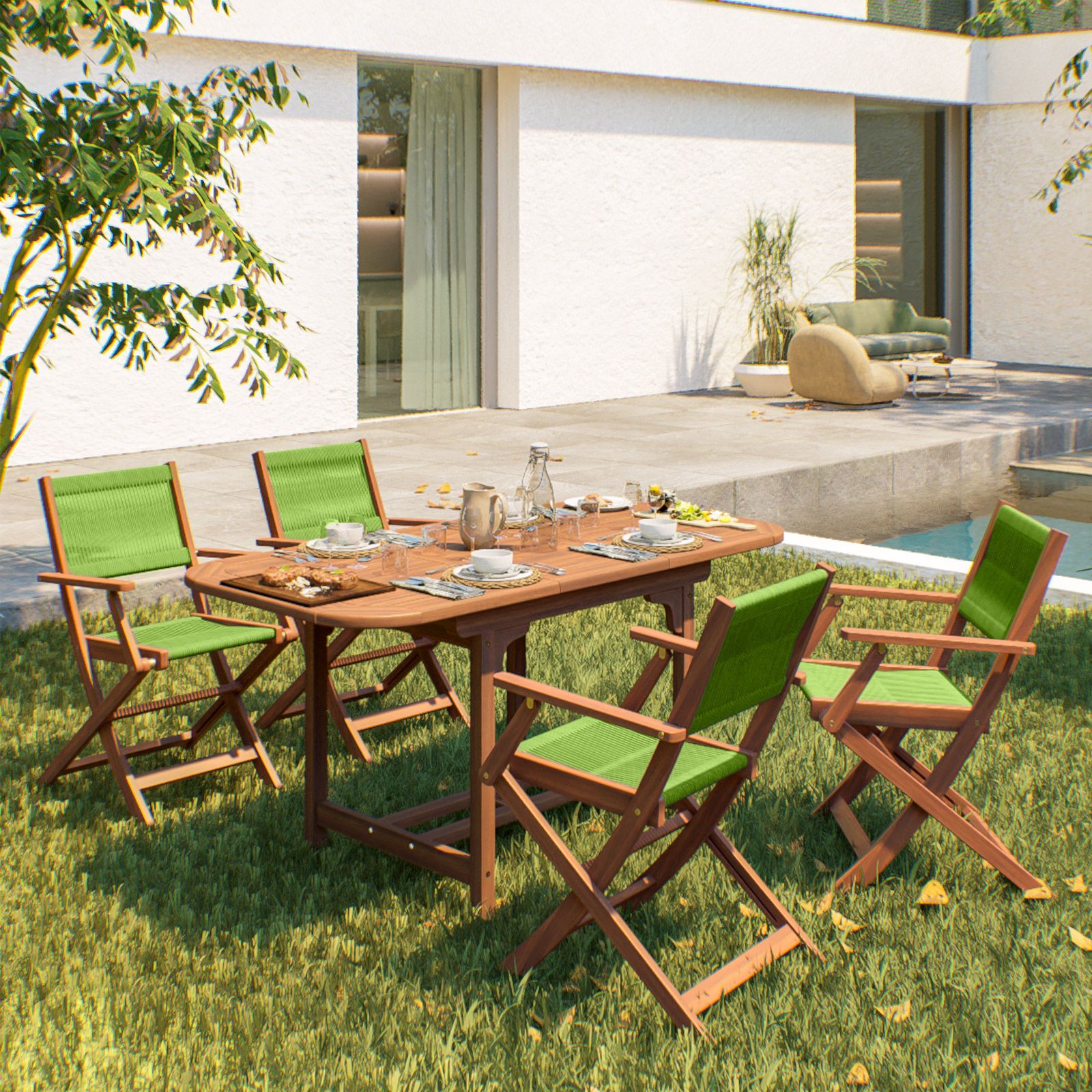 Set da pranzo da giardino tavolo in legno e ceramica verde 200x100 + 6 sedie  legno e tessuto beige - Java Light - Kerama