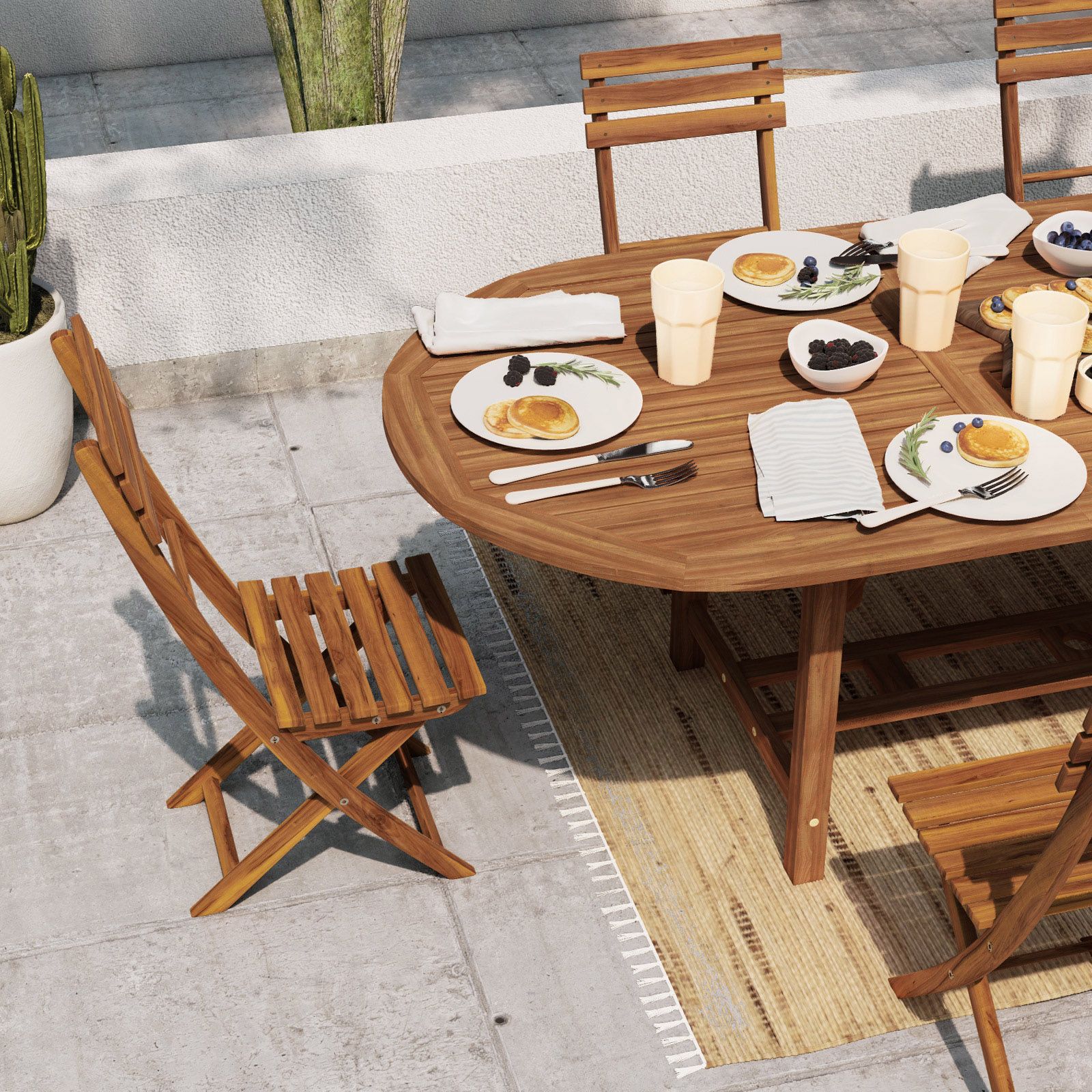 Set pranzo con tavolo allungabile 180/240x100 cm e 6 sedie pieghevoli in  legno di acacia - Paja