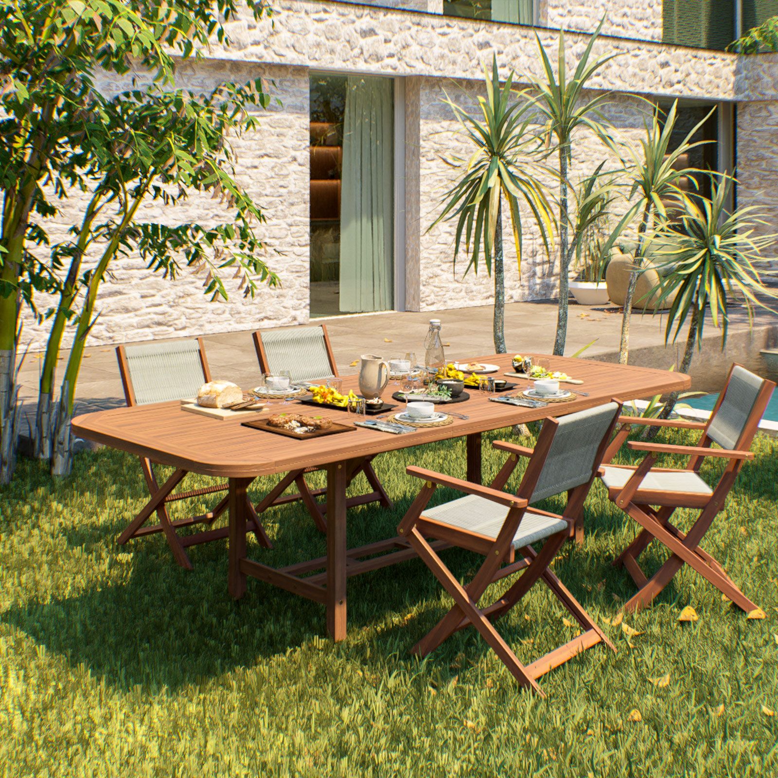 Set pranzo tavolo allungabile 180/260x110 cm e 4 sedie pieghevoli con  braccioli in legno di acacia e corda tortora - Yadira