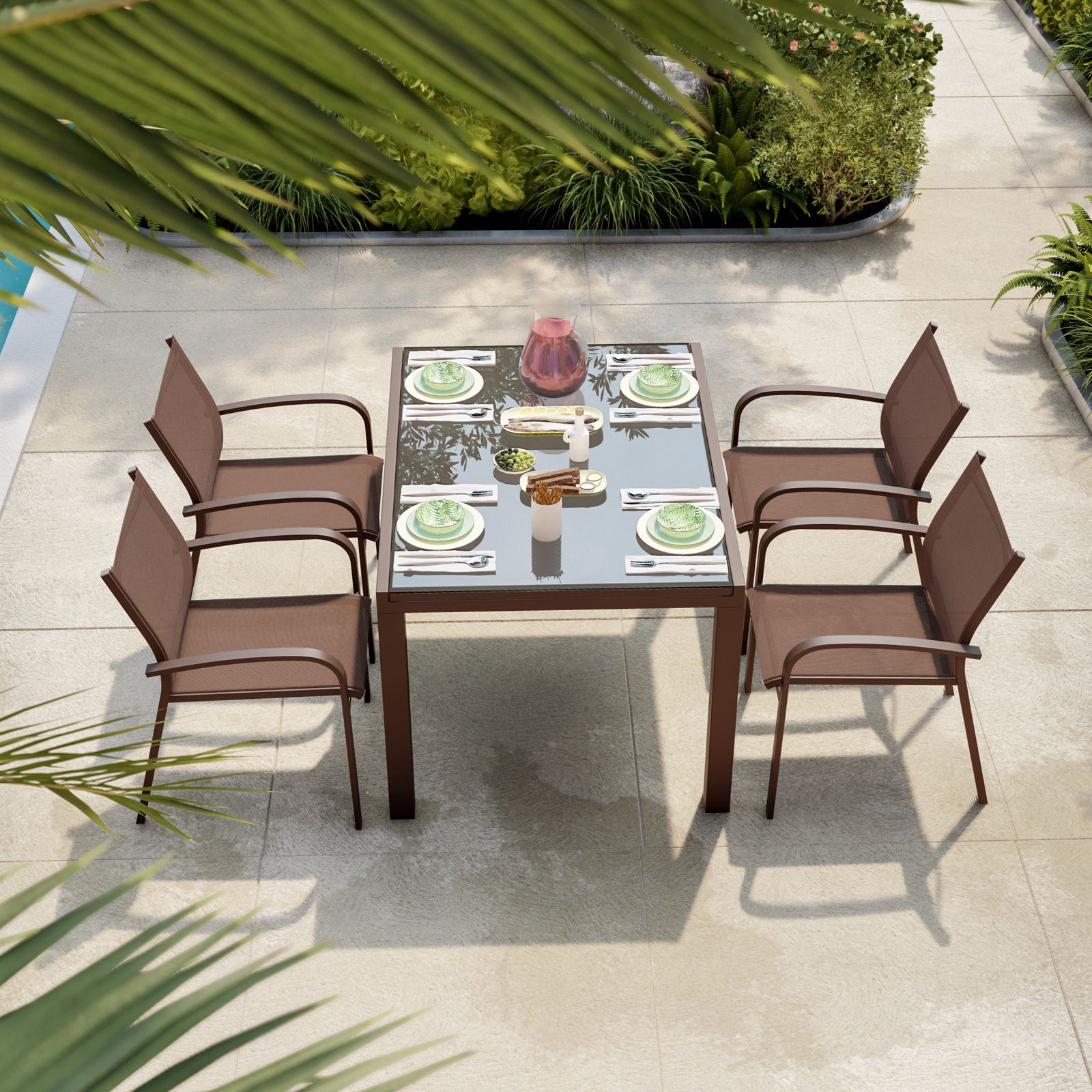 Set pranzo tavolo 90/180x90 cm e 4 sedie con braccioli in alluminio e  textilene marrone 