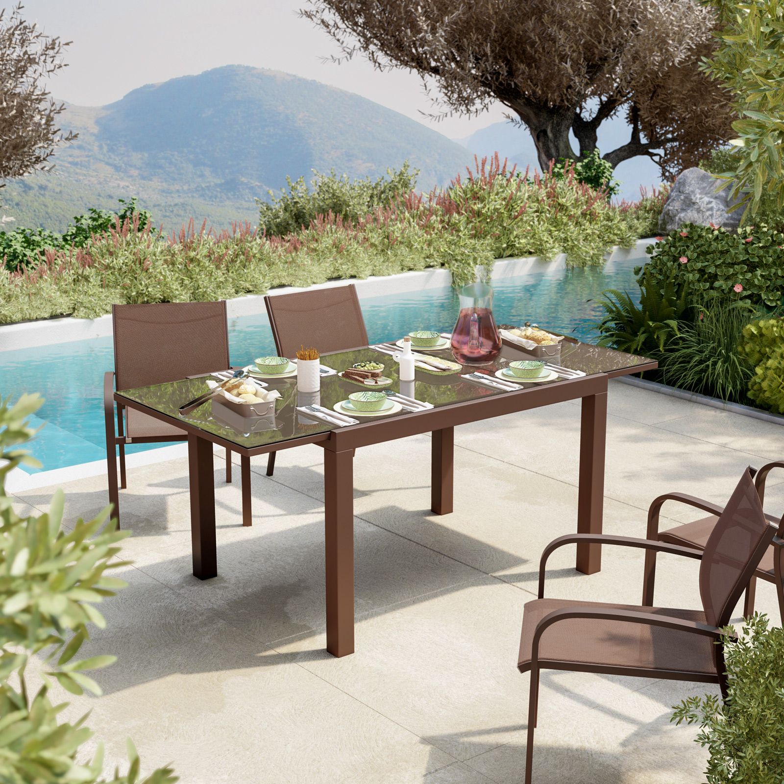 Set pranzo tavolo 90/180x90 cm e 4 sedie con braccioli in alluminio e  textilene marrone 