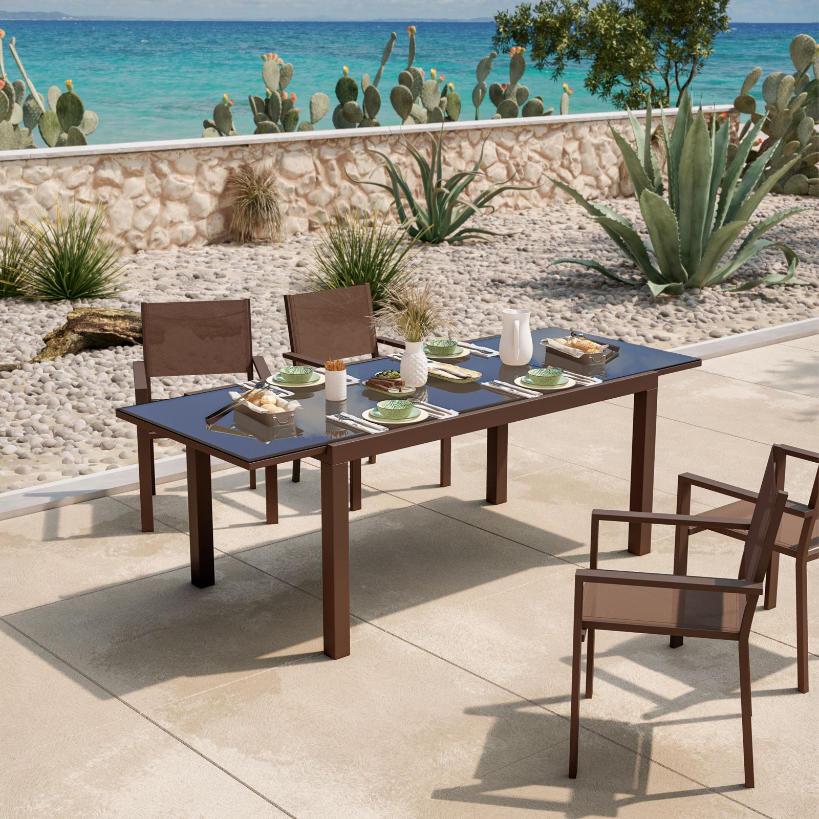 Set pranzo tavolo 160/220x90 cm e 4 sedie con braccioli in