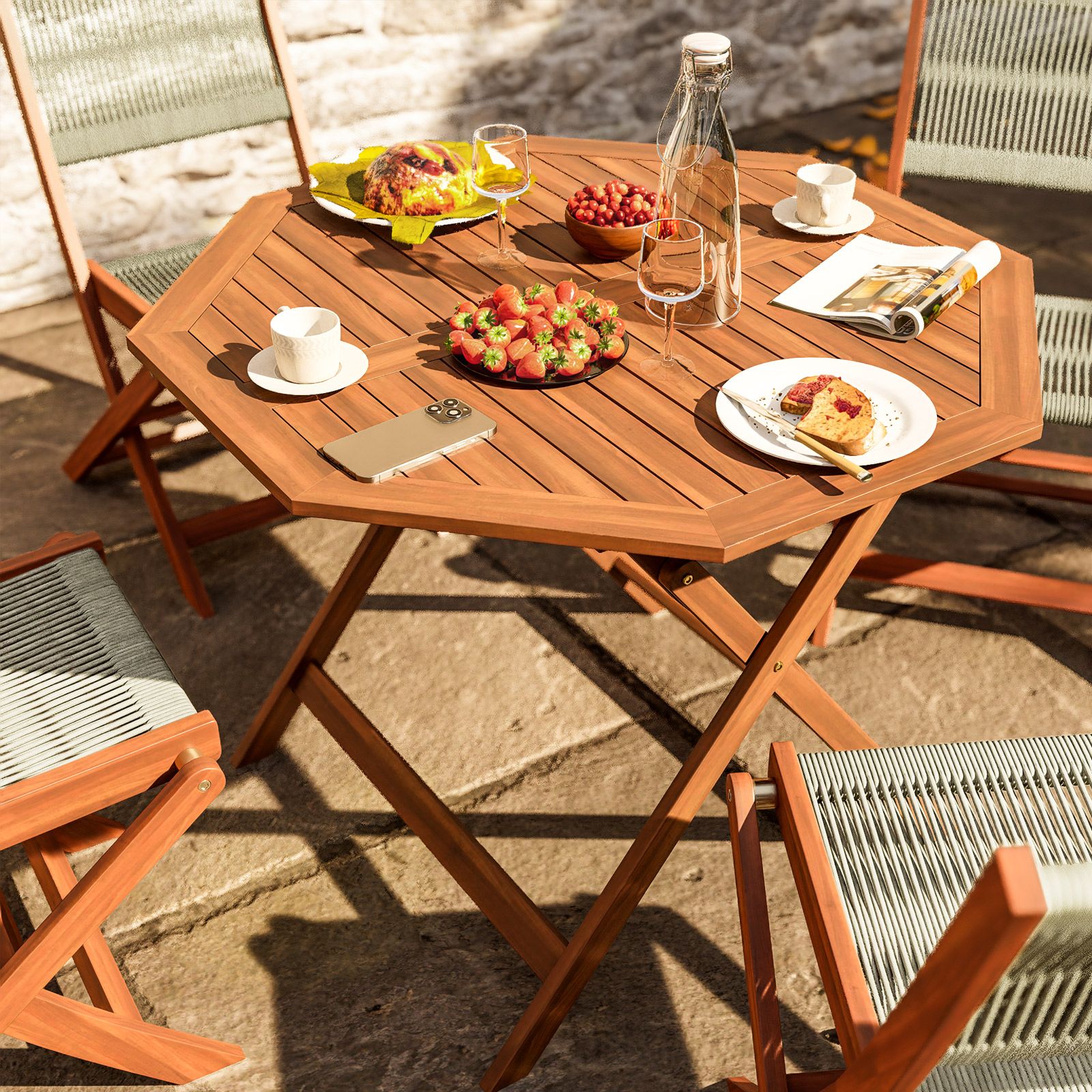 Set pranzo tavolo pieghevole Ø 110 cm e 4 sedie pieghevoli in legno di  acacia e