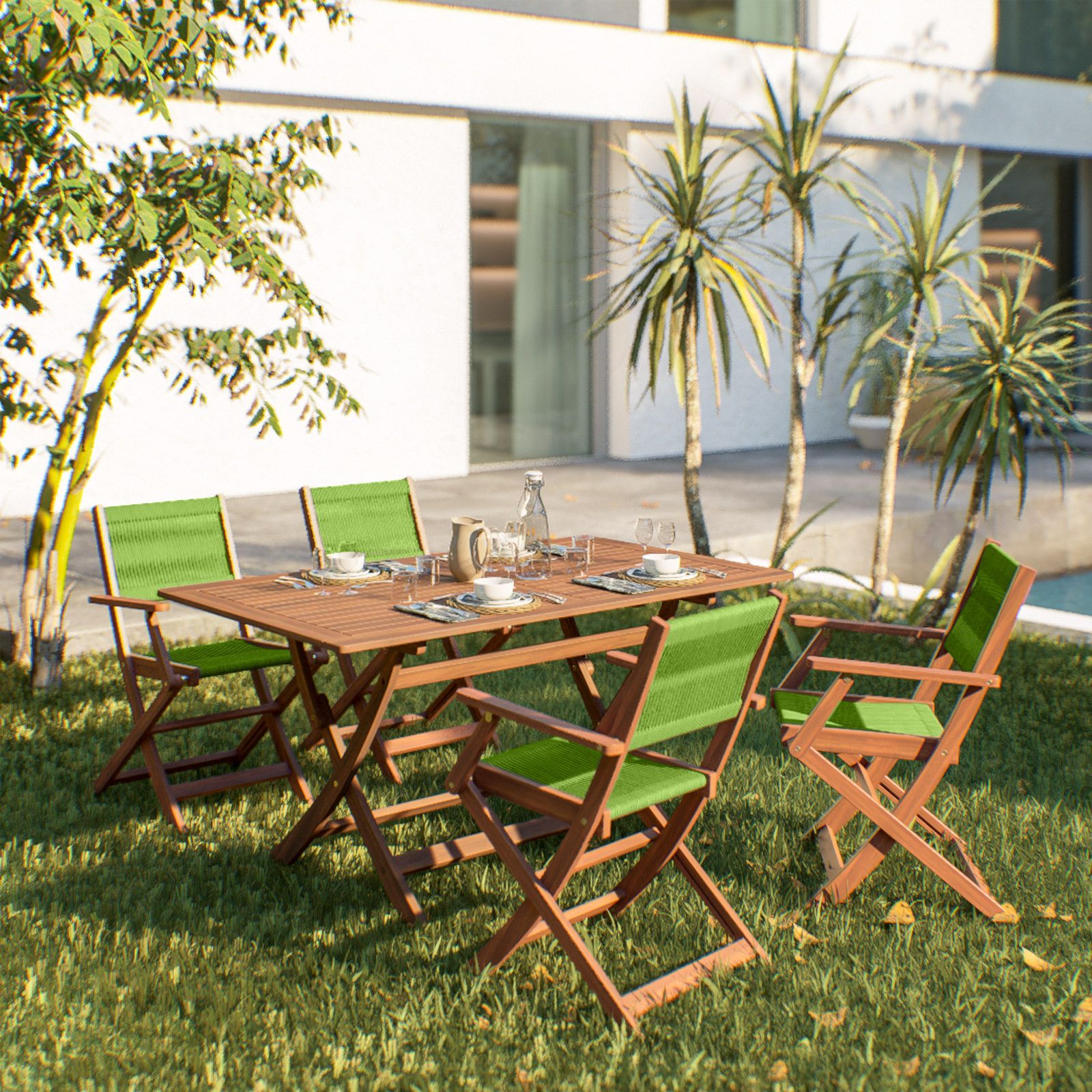 Set pranzo tavolo pieghevole 150x90 cm e 4 sedie pieghevoli con braccioli  in legno di acacia e corda verde - Yadira