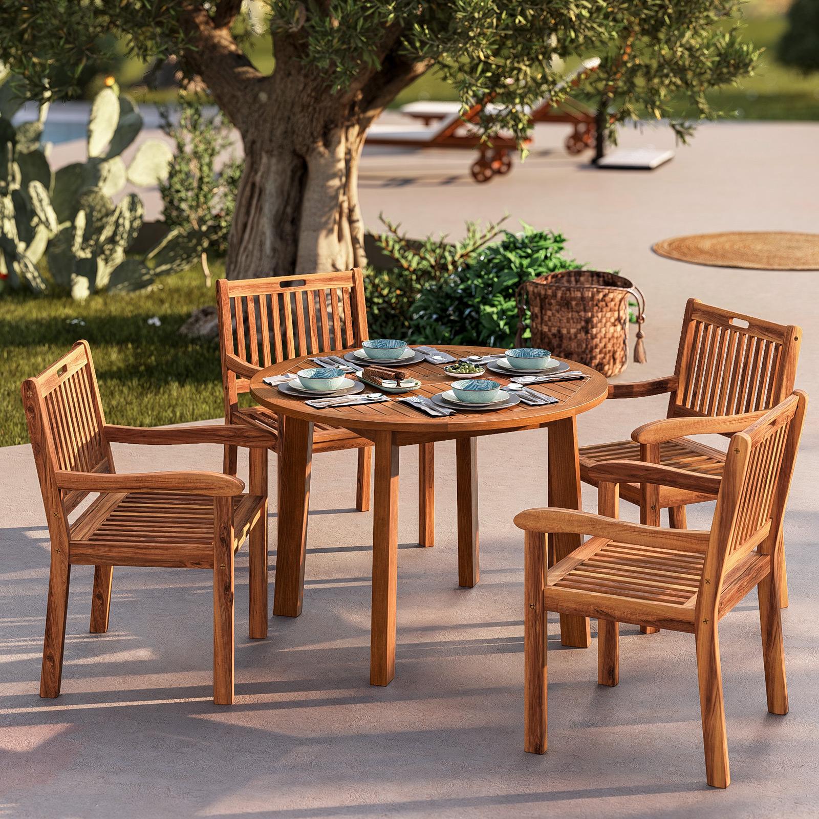Set pranzo con tavolo rotondo 100 cm e 4 sedie con braccioli pieghevoli in legno di
