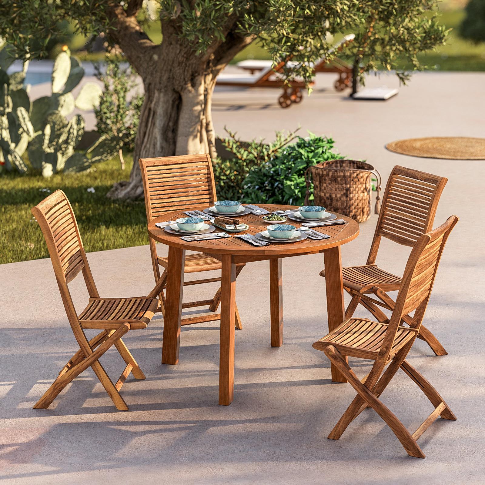 Set pranzo tavolo rotondo 110 cm e sedie pieghevoli in legno di