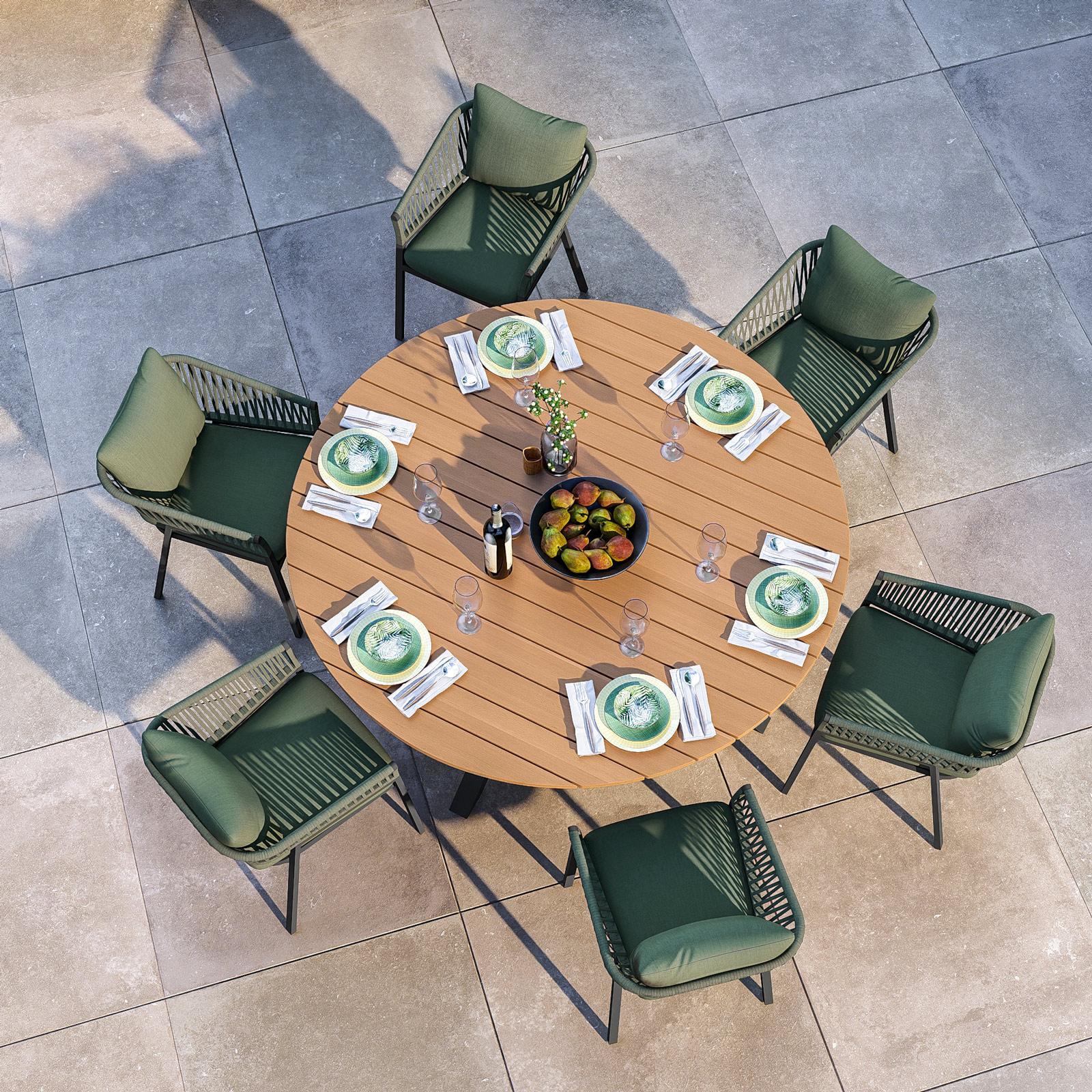 Set pranzo tavolo rotondo 180 cm top effetto legno e sedie in