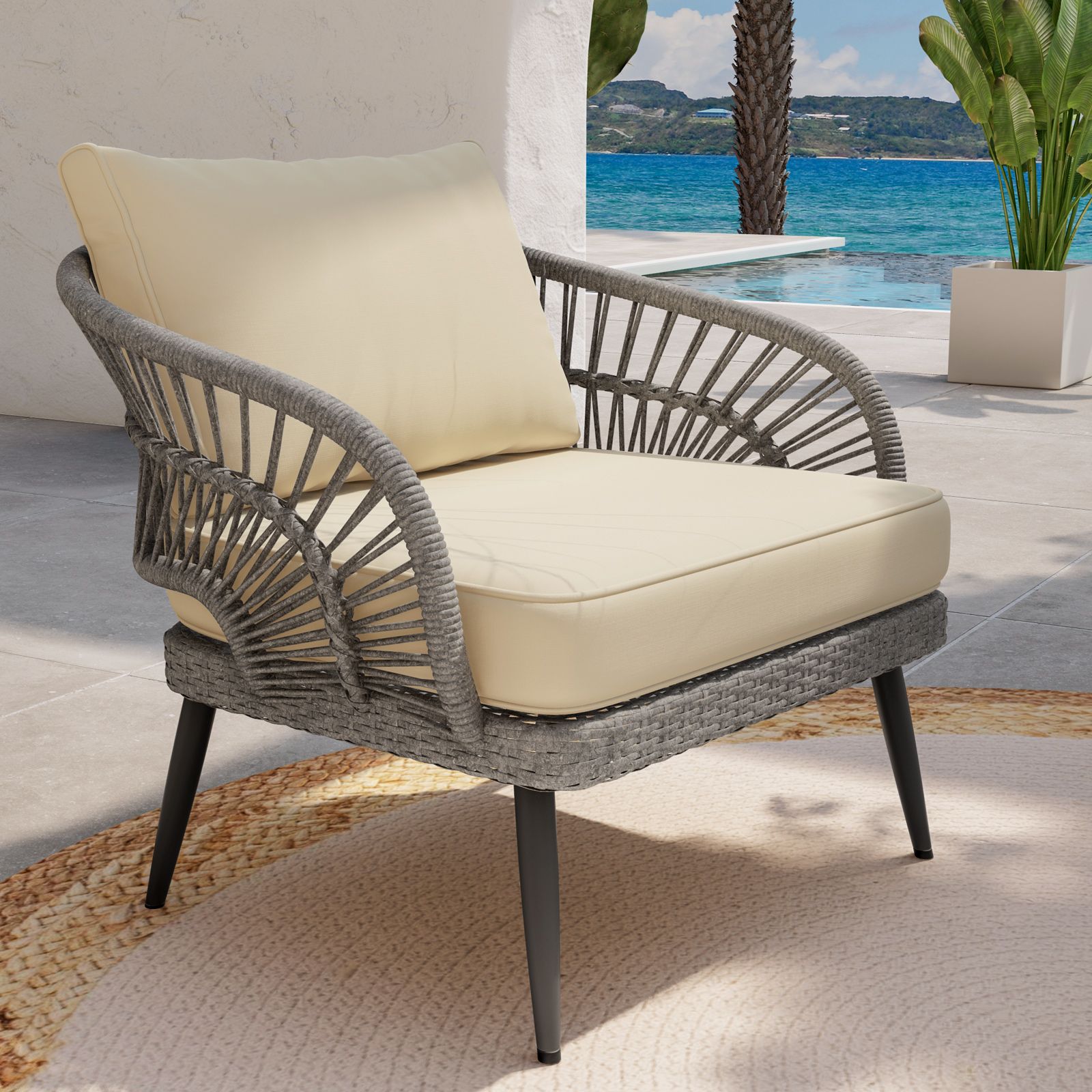 Set relax 4 posti in polyrattan tortora con cuscini e tavolino - Alana