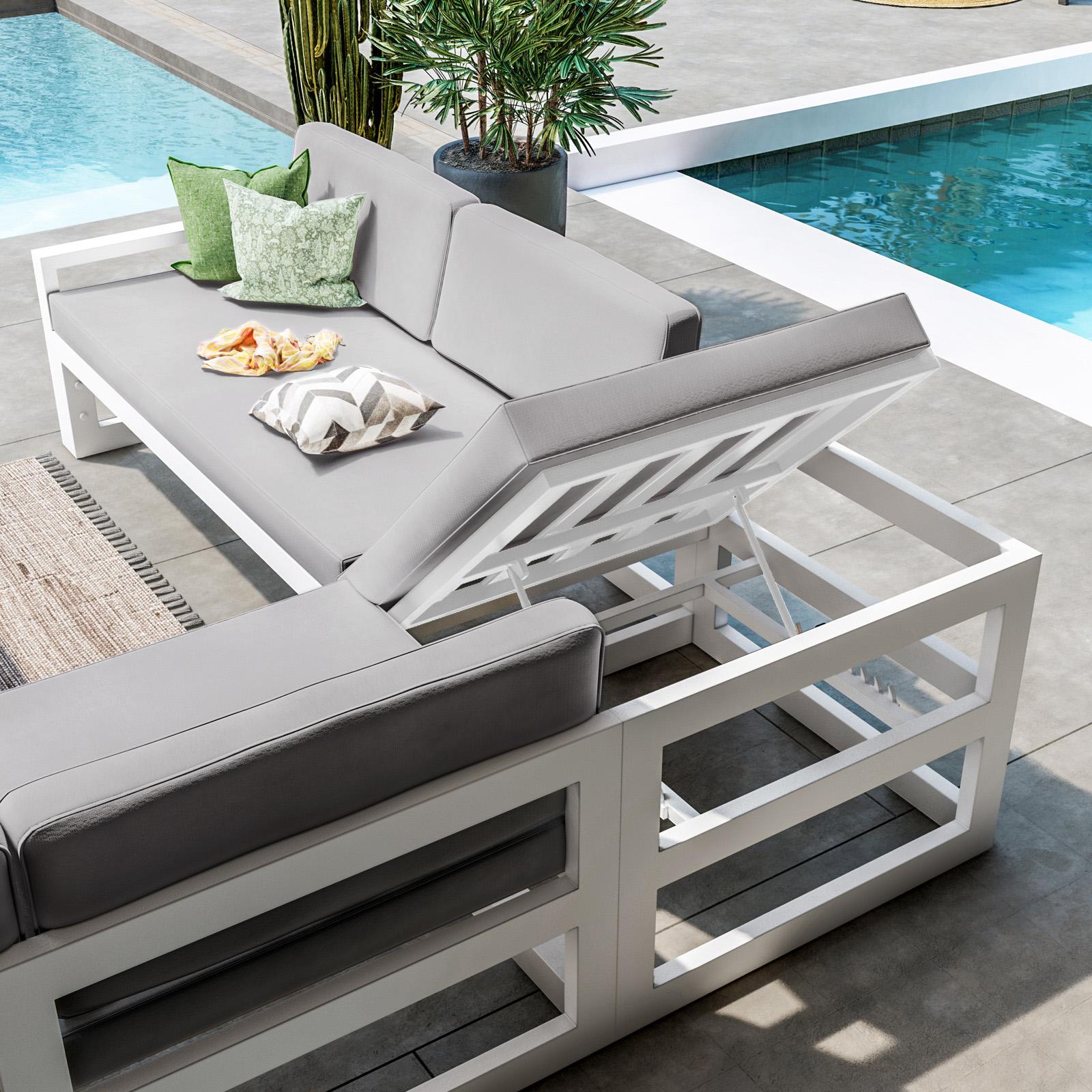 Set relax divano angolare in alluminio bianco con cuscini e