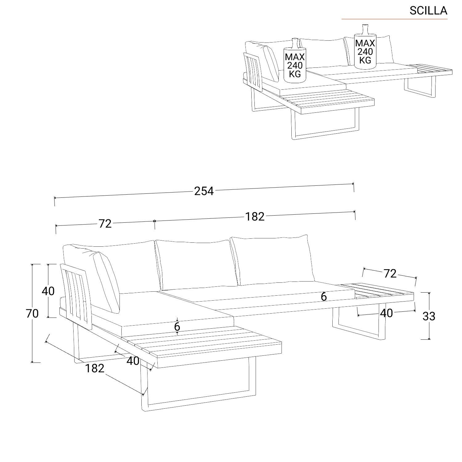 Set relax divano angolare e tavolino da caffè in alluminio antracite con  cuscini beige - Scilla