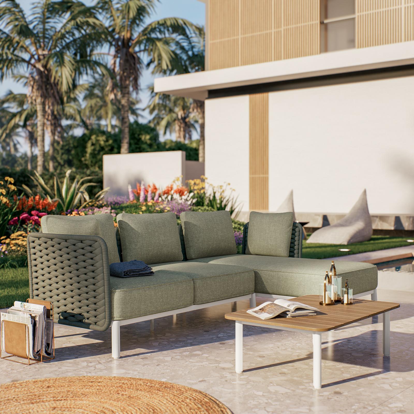 Set relax divano posti con cuscini e tavolino da caffè in alluminio