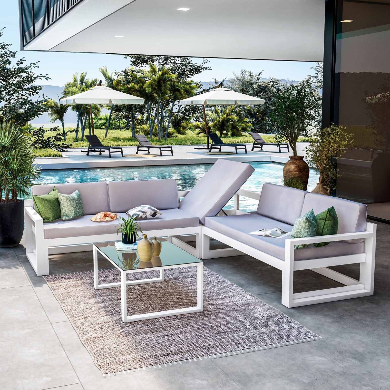Set relax giardino divano angolare e tavolino alluminio bianco e