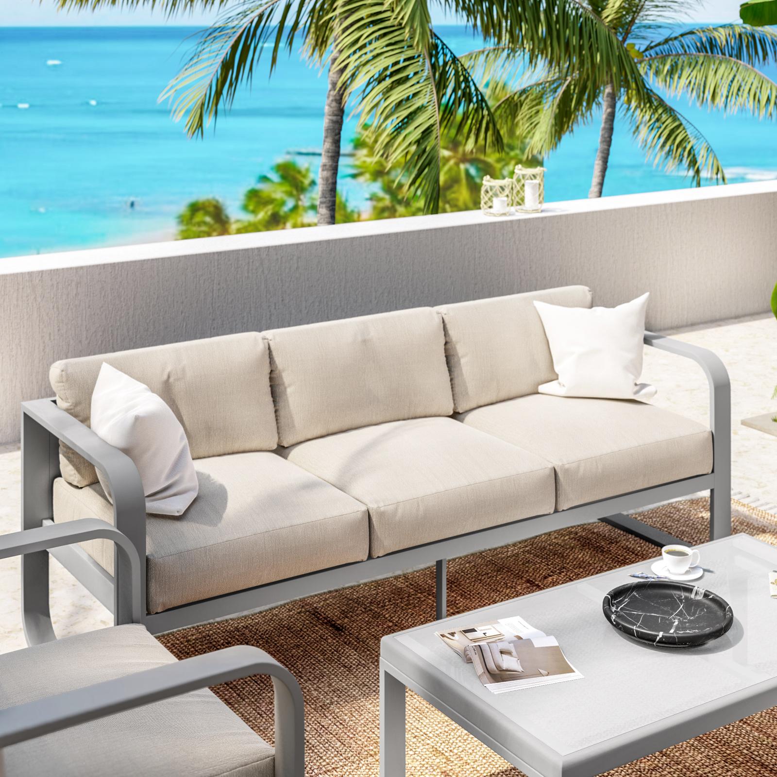 Set Soggiorno GYMAX In Metallo E Vetro – Divano 2 Posti + 2 Poltrone + Tavolino – Grigio – Cuscini Lavabili
