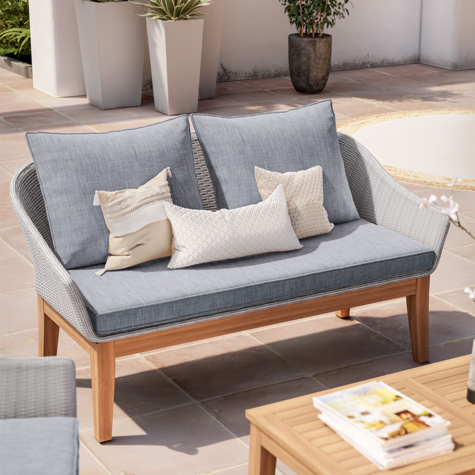 Set relax in polyrattan grigio e legno di acacia con cuscini - Guava