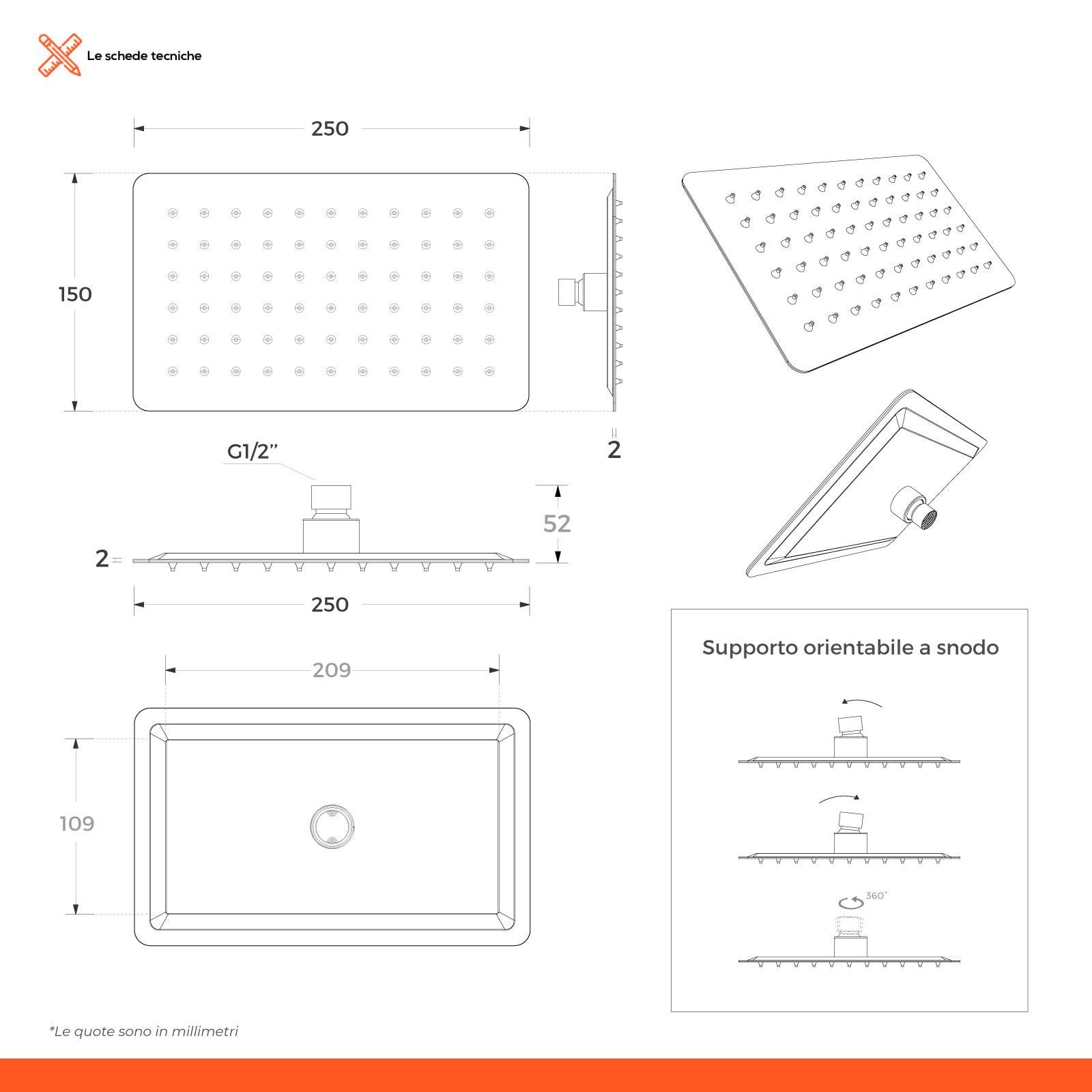 Set soffione ultraslim 25x15 cm con braccio quadrato 40 cm spazzolato