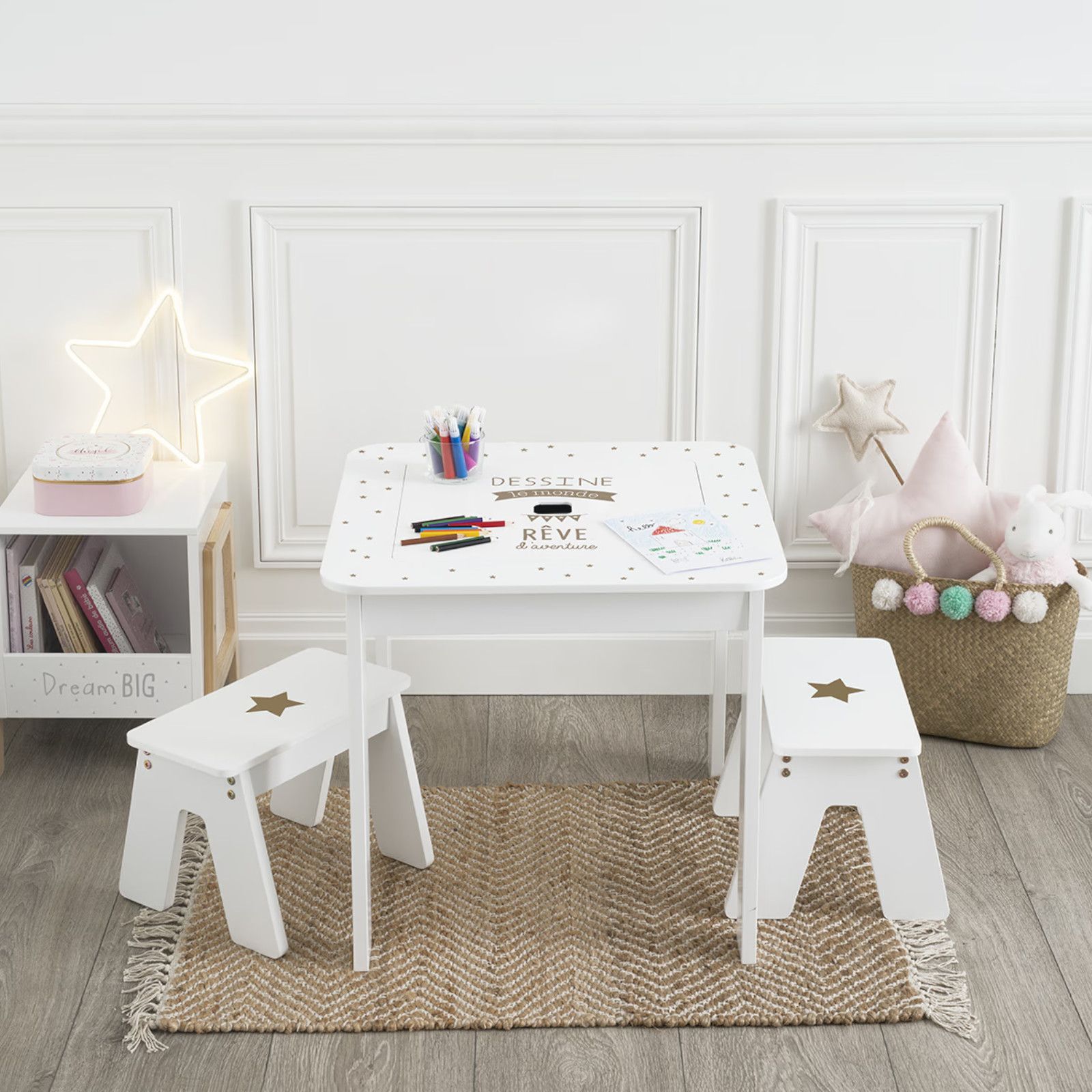 Set tavolino 57x52h cm con due sgabelli bianco e oro per bambino - Stardust