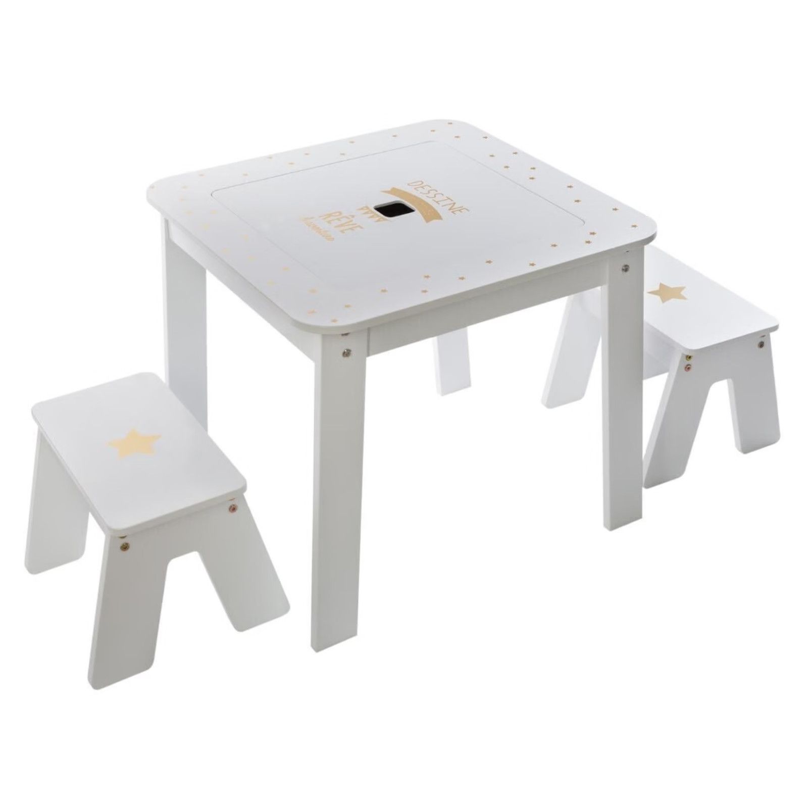 Set tavolino 57x52h cm con due sgabelli bianco e oro per bambino