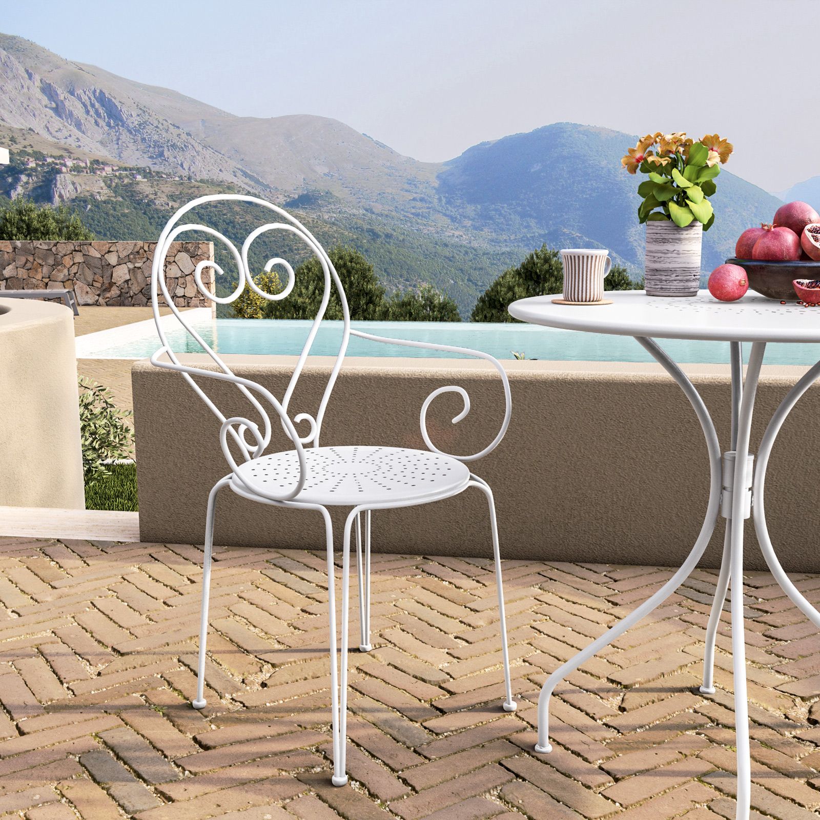 Set bistrot tavolo rotondo 70 cm e 2 sedie con braccioli in metallo bianco  - Loren