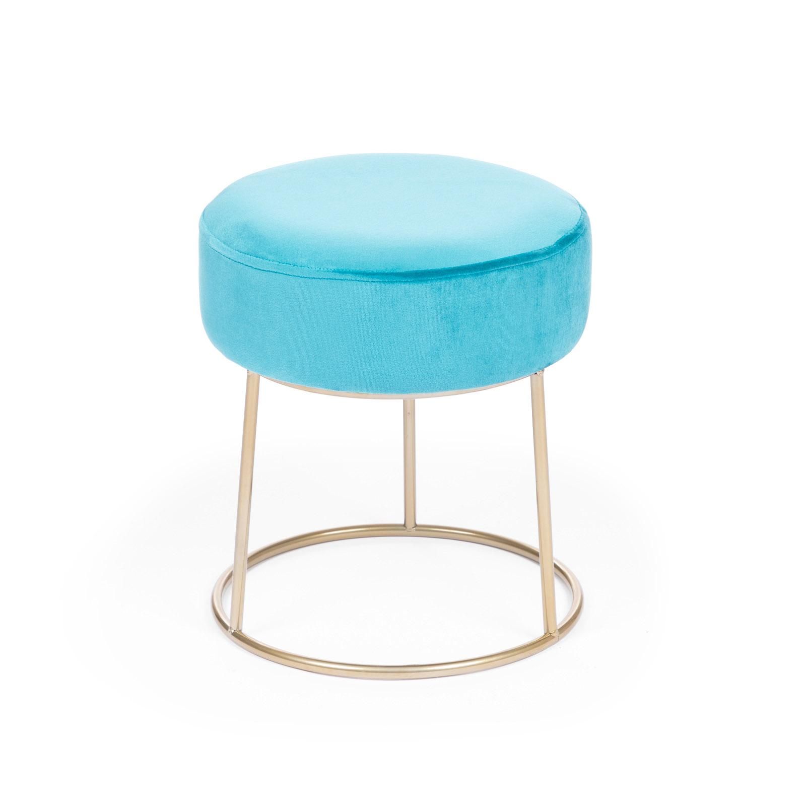 Pouf rotondo 35 cm in velluto blu tiffany e struttura finitura champagne -  Millepora