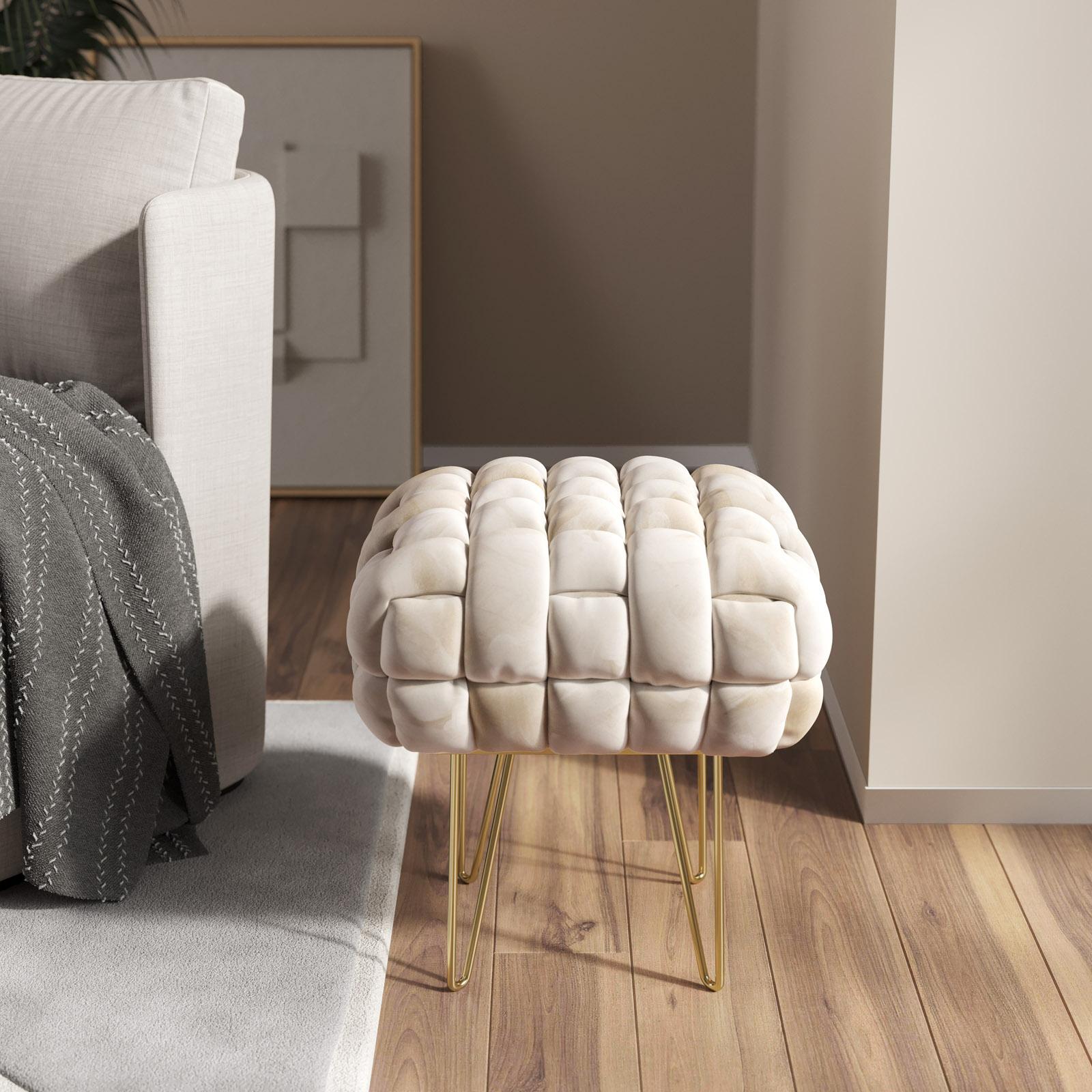 Pouf Contenitore In Velluto Beige, Imbottito E Pieghevole, Con Spazio Interno Per Coperte E Libri, 38x38 Cm, Elegante E Pratico